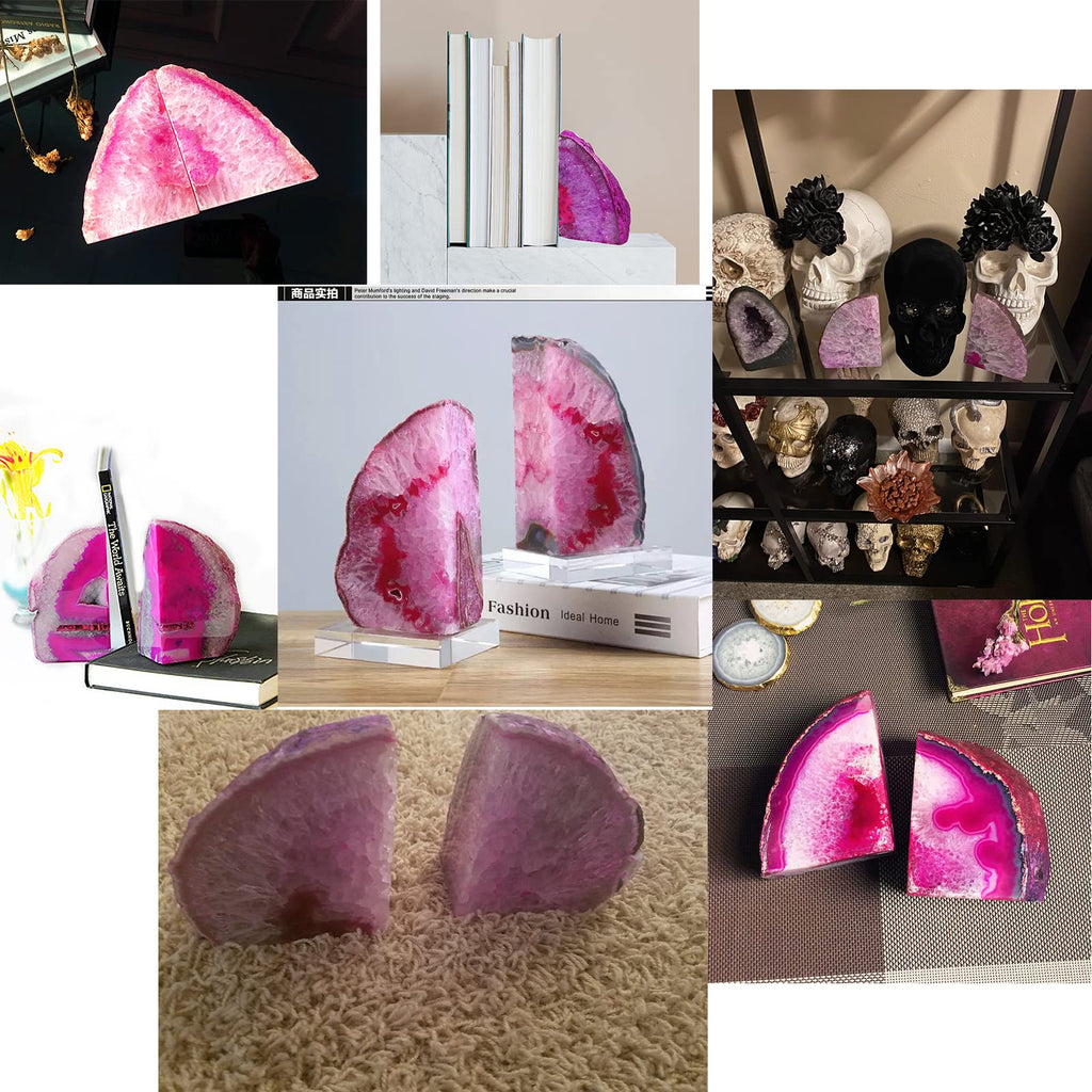 JIC Gem Black Agate Geode Bookends 2-3 Lbs Anti-Slip Rubber Pads Heavy Duty | 1Pair Natural Black Agate Crystal Decor for Shelves & Desk, Unique Small Stone Book Holder Gift for Office & Home Decoration