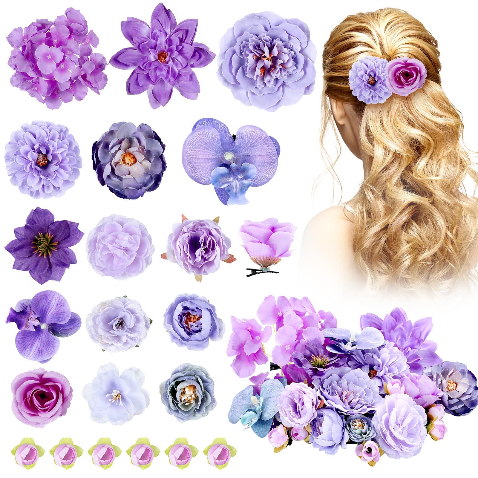 BBTO Flower Hair Clip Rose Hair Clips Barrettes for Women Flower Accessories Boho Bride Claw Clip Hairpin Brooch Pin Headpiece for Wedding(Beige Orange Series,21 Pcs)