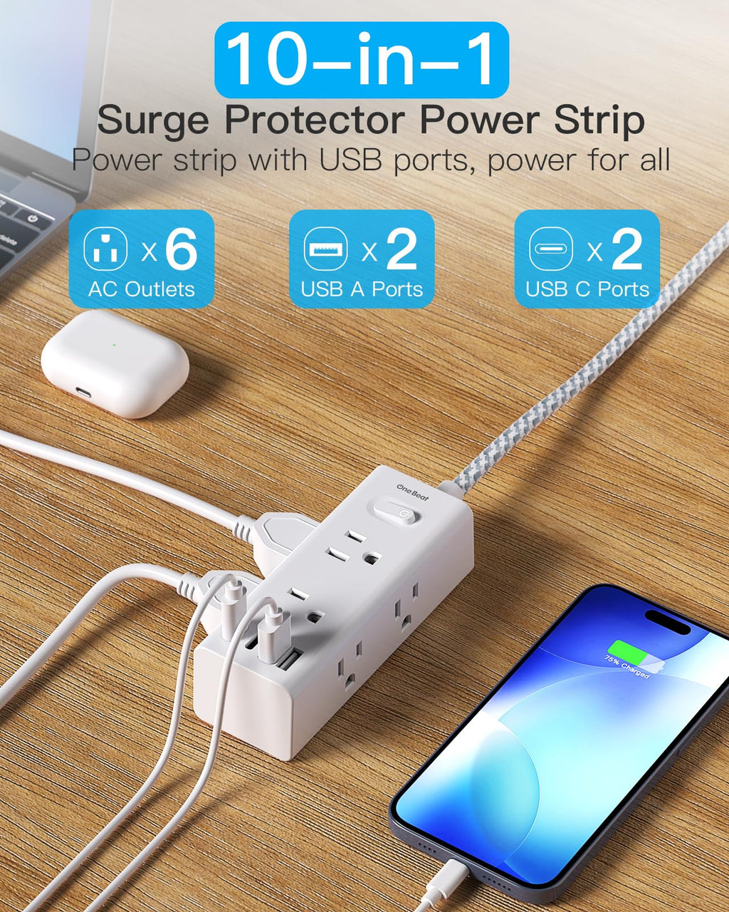 One Beat Short Extension Cord 1Ft, Flat Plug Power Strip Surge Protector - 6 Widely Outlets with 4 USB Ports (2 USB C), Wall Mount Small Power Strip for Travel, Home Office College Dorm Essentials
