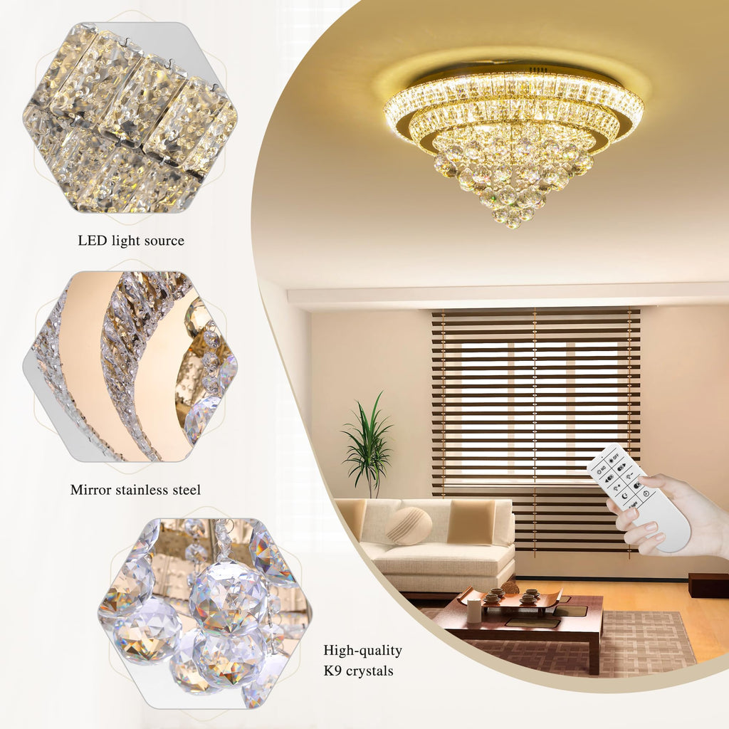 COCOSTAR 20" Gold Crystal Chandeliers, Flush Mount Chandelier LED Ceiling Light, Modern Crystal Raindrop Chandeliers for Dining Room, Living Room, Bedroom