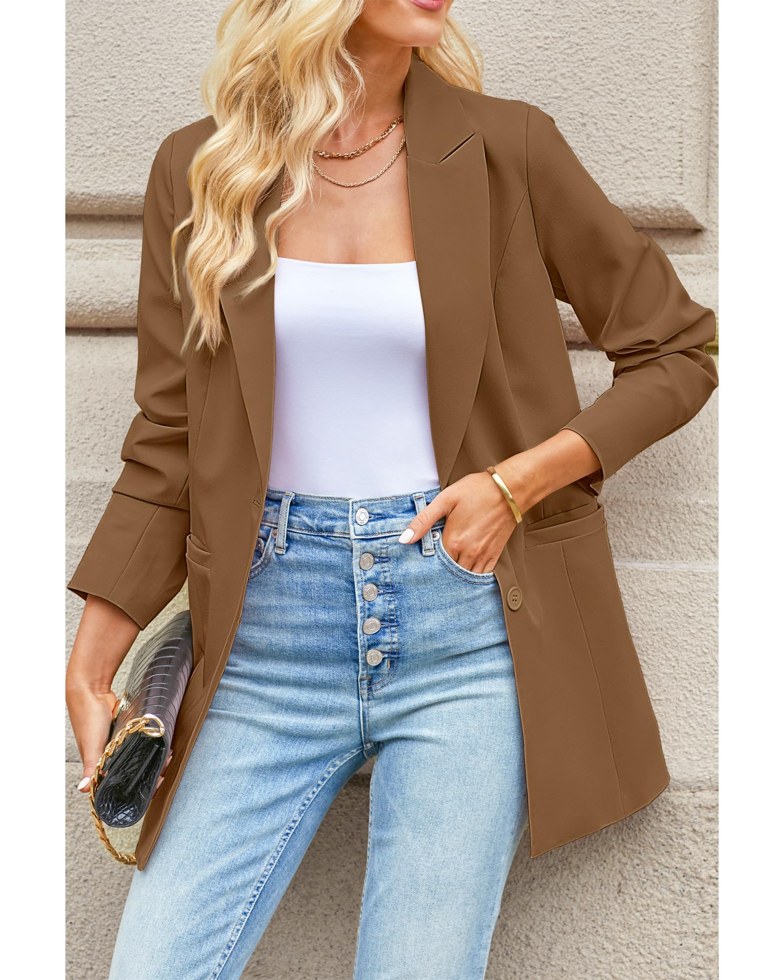 luvamia Blazers for Women Business Casual Long Blazer Jackets Dressy Work Professional Office Outfits Lapel Pockets