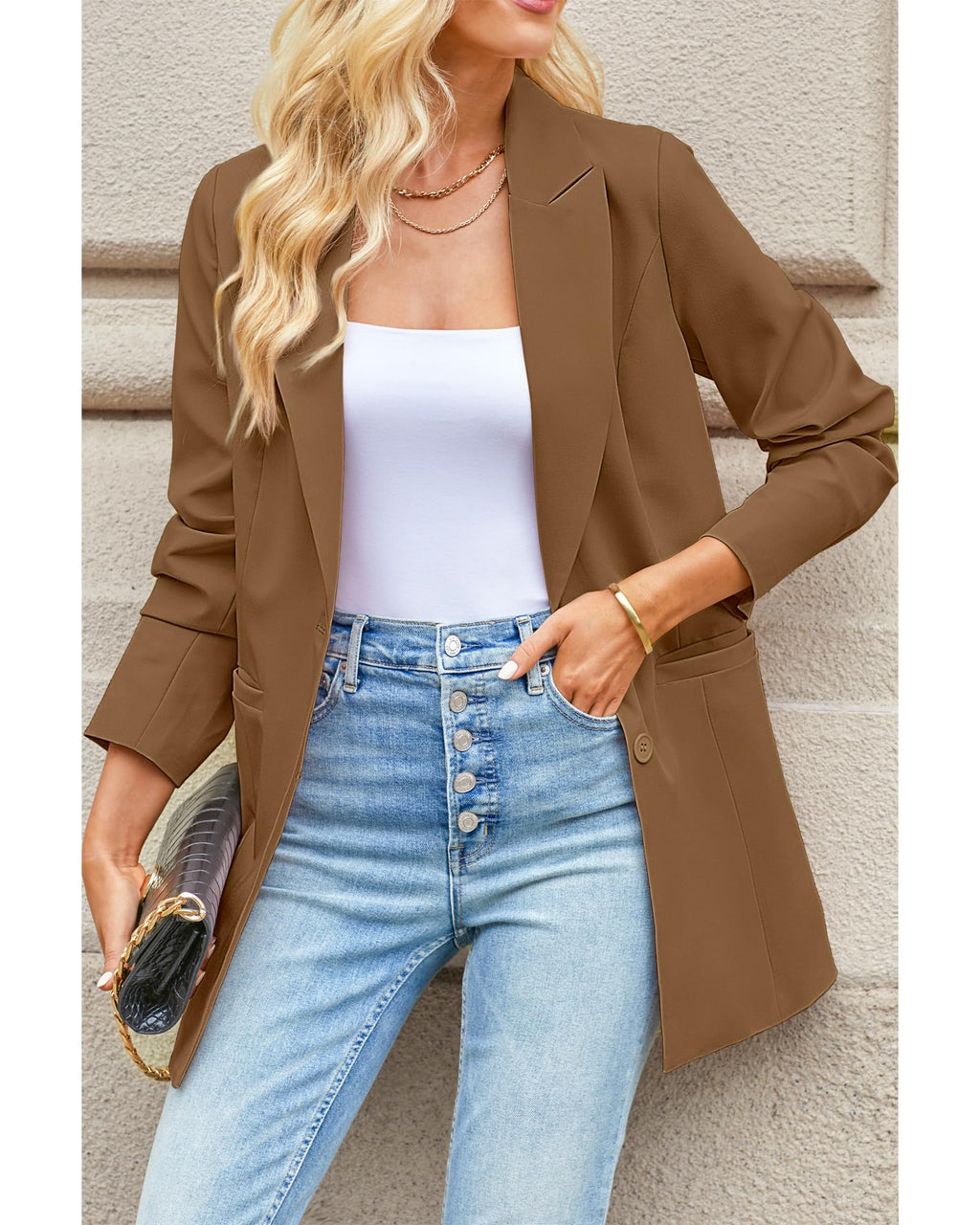 luvamia Blazers for Women Business Casual Long Blazer Jackets Dressy Work Professional Office Outfits Lapel Pockets