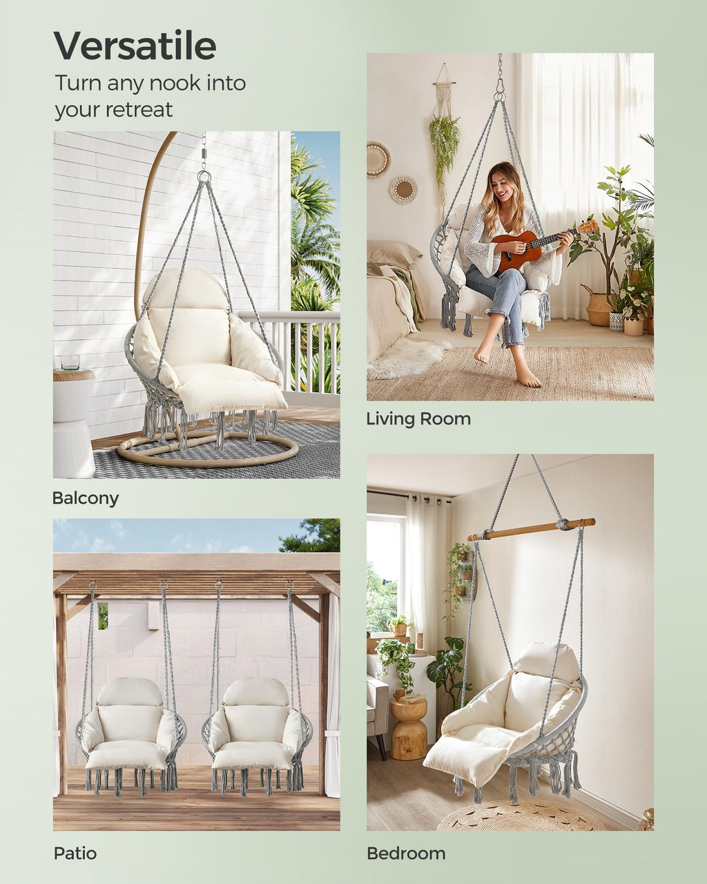 SONGMICS Hanging Chair, Hammock Chair with Large, Thick Cushion, Boho Swing Chair for Bedroom, Patio, Balcony, Garden, Holds up to 264 lb, Accessories Included, Cream White UGDC042M01
