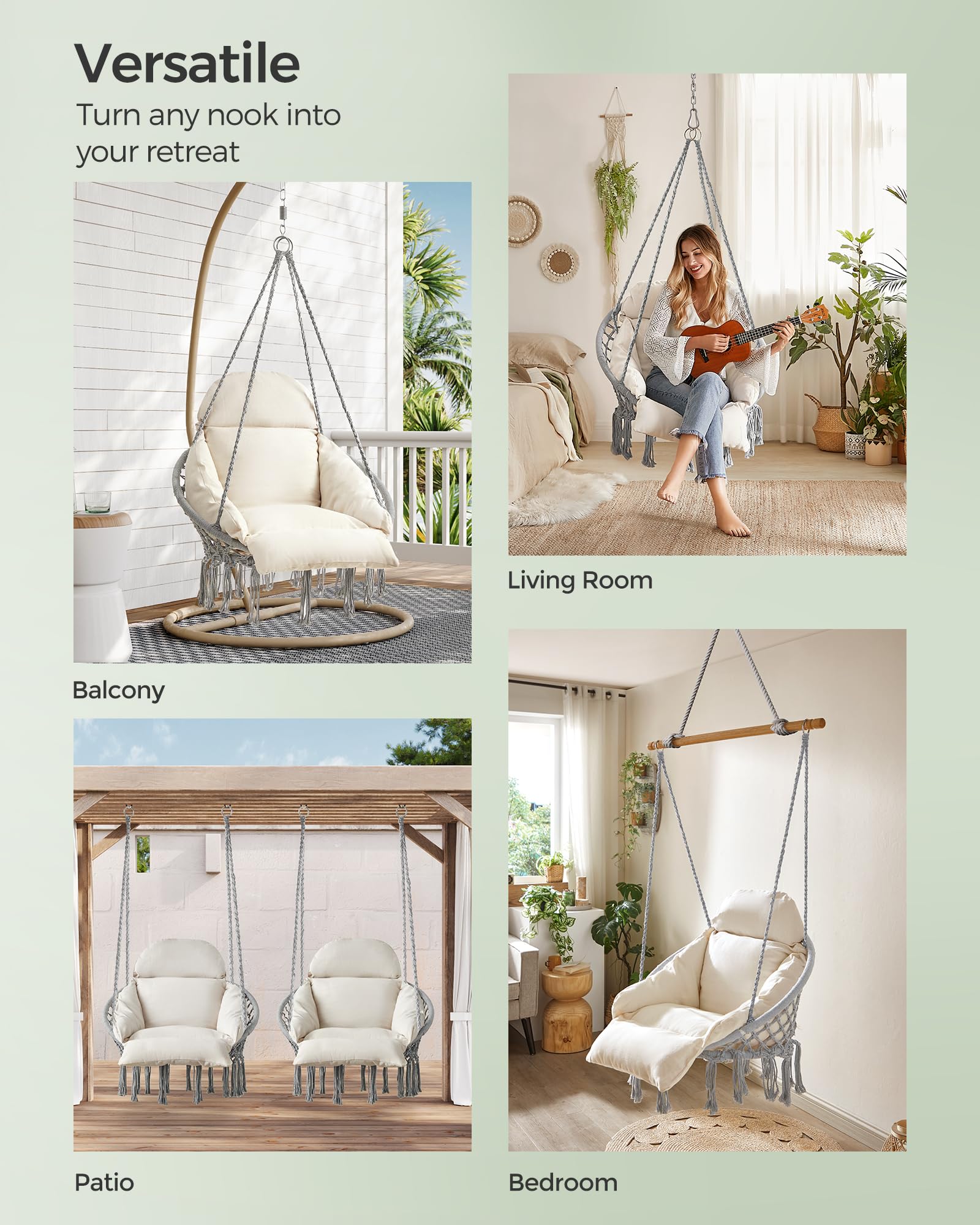 SONGMICS Hanging Chair, Hammock Chair with Large, Thick Cushion, Boho Swing Chair for Bedroom, Patio, Balcony, Garden, Holds up to 264 lb, Accessories Included, Cream White UGDC042M01