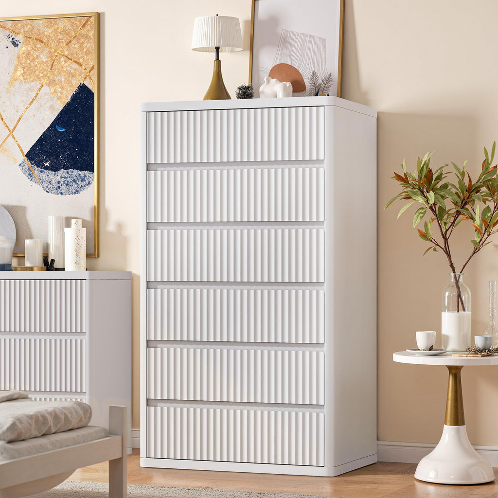 Standifurno Black 56" Tall Dresser for Bedroom, Fluted Modern 6 Drawers Deep Dressers, Wood Chest of Drawers with Handleless, Curved Profil Storage Closet Dressers for Bedroom, Living Room, Hallway