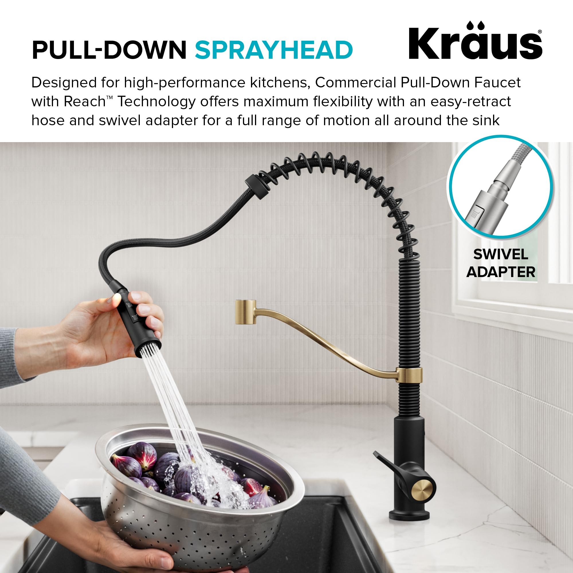KRAUS Torak Pull Down Kitchen Faucet in Matte Black with Commercial Style Spring Spout, 2 Function Sprayer, Pre-Attached Water Lines, and Mounting Hardware, KPF-2635MB