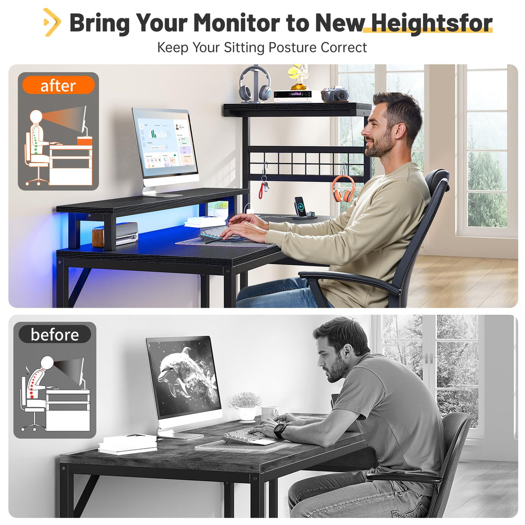 EnHomee 40" Gaming Desk with Power Outlets & LED Lights, Computer Desk with Drawer & Storage Shelve, Home Office Desk with Monitor Stand for Living Room, Study Room, Gaming Room, Black