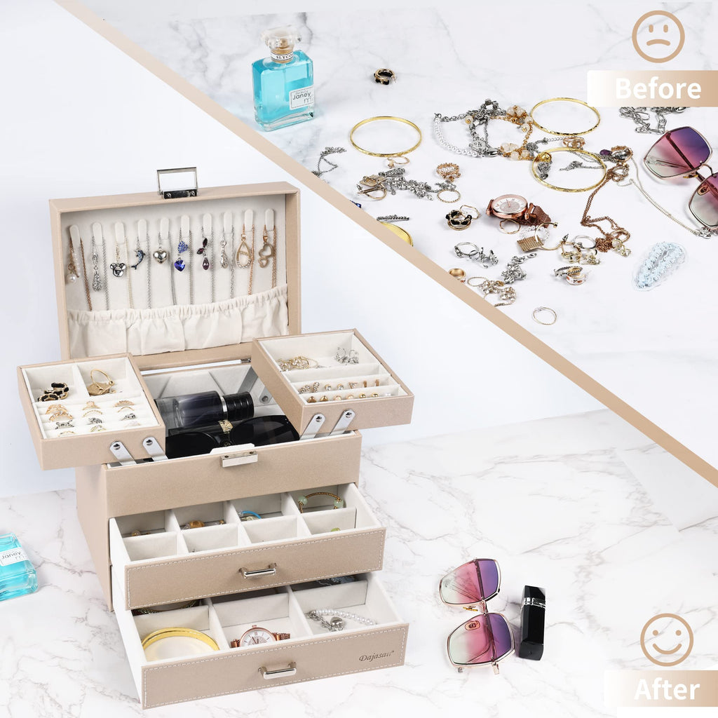 Dajasan Jewelry Organizer Box, Large Jewelry Boxes for Women Girls, Space-Saving 4 Layers Jewelry Storage Case with Drawer, Movable Metal Stand, Modern, Gift Idea (Green)