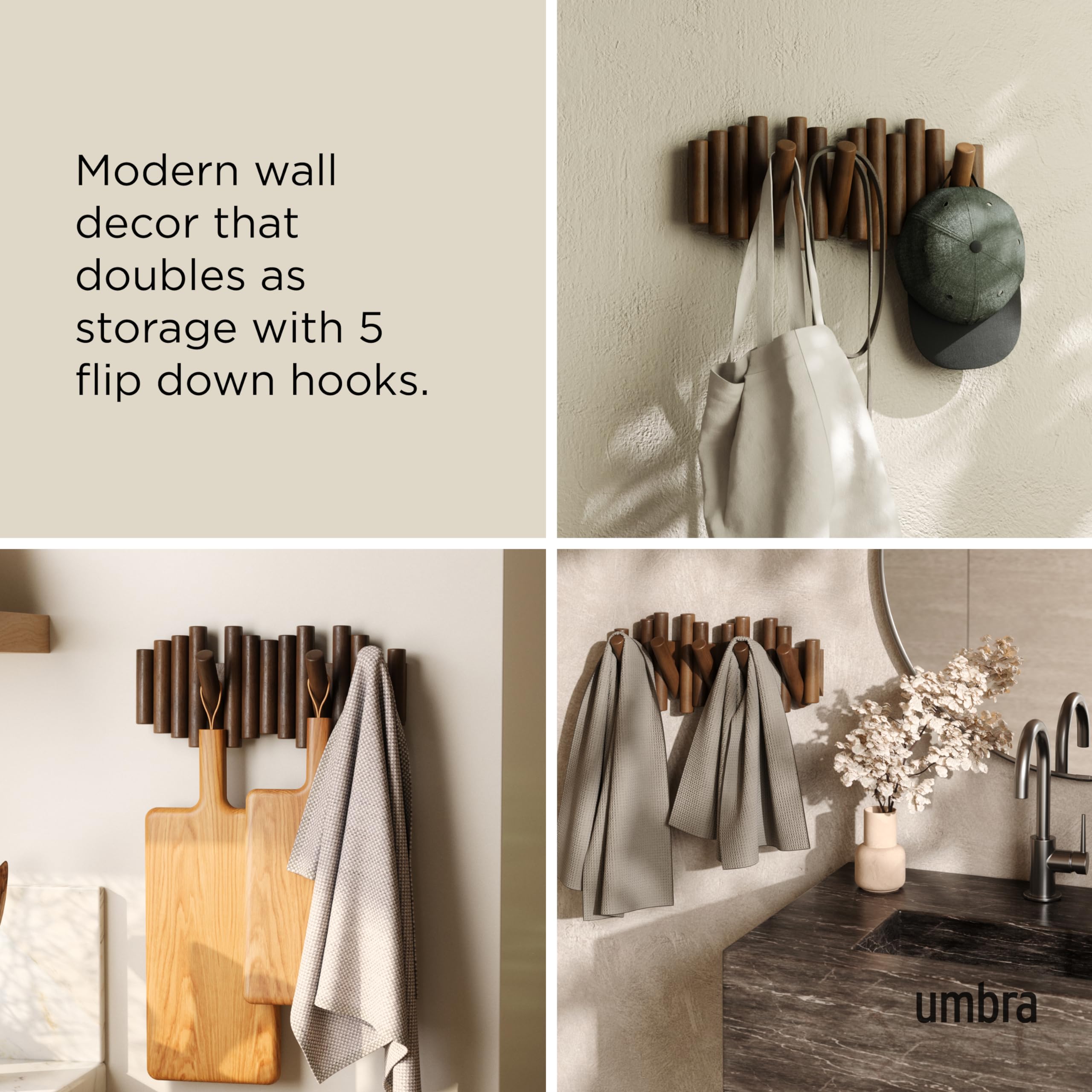 Umbra Picket Wall-Mounted Coat Rack Rail Hook with 5 Retractable Wood Pegs – Modern, Space-Saving Storage Organizer, Black