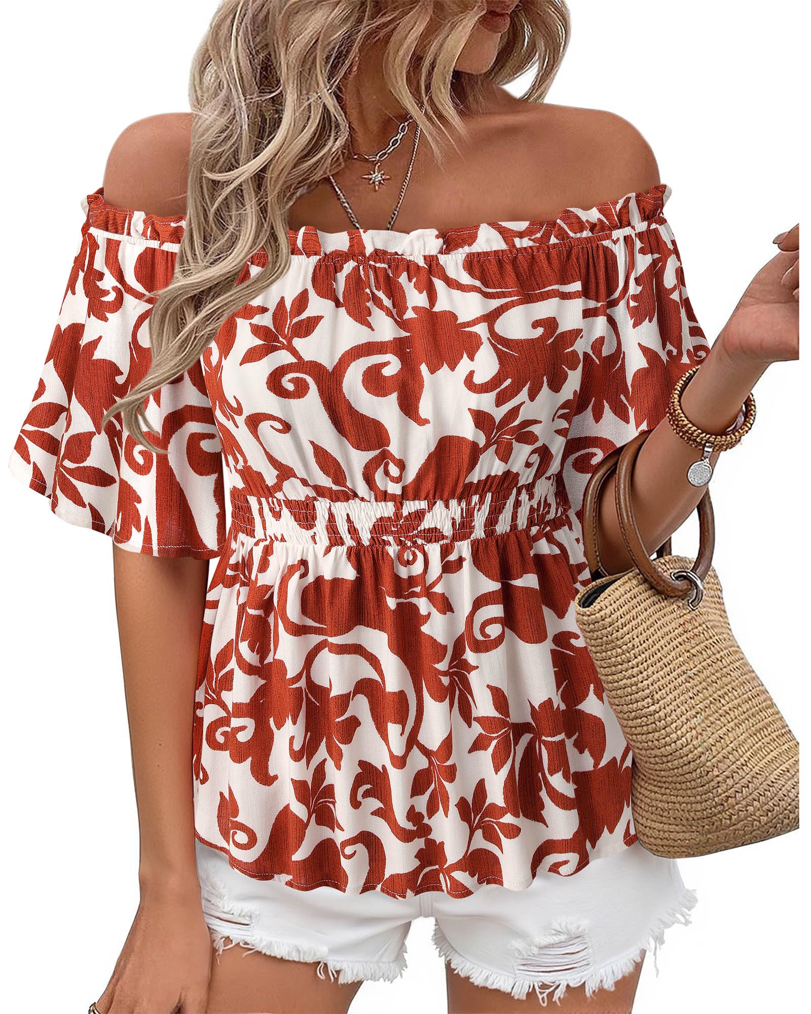 Bebonnie Women's Summer Sexy Off The Shoulder Peplum Tops Ruffle Sleeve Dressy Blouses