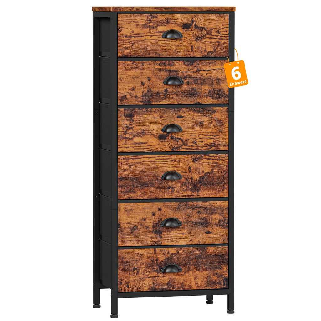 Furnulem Tall Dresser with 6 Drawers,Vertical Bedside End Table & Chest for Bedroom,Black Storage Tower Dorm Nightstand with Fabric Drawer Organizer Unit Furniture in Living Room,Closet,Hallyway