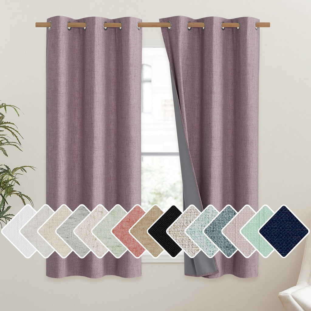 NICETOWN Linen Blackout Curtains for Kitchen, Beige, 2 Panels, 34" Wide x 48" Long, Short Kitchen Burlap Linen 100% Blackout Drape Panels for Night Shift, Great Job for Blocking Light