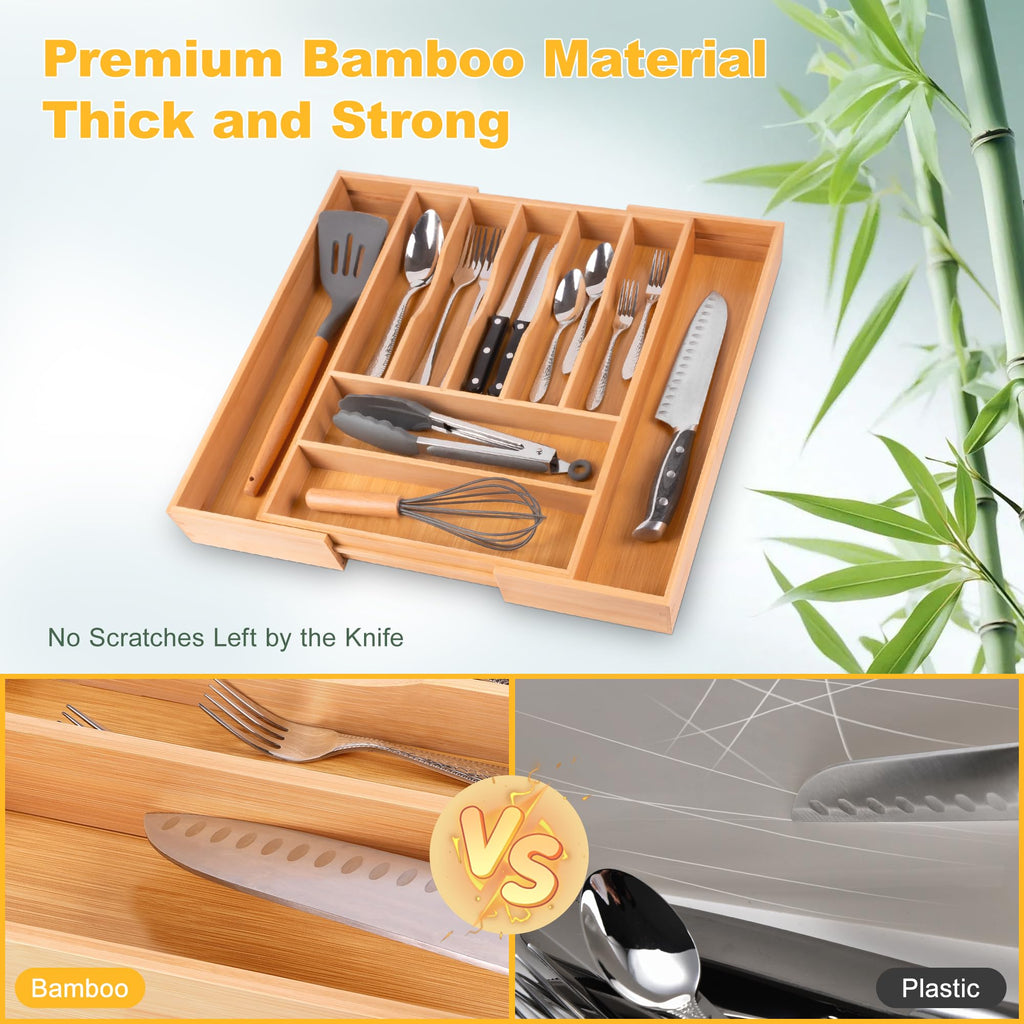 Expandable Acacia Kitchen Drawer Organizer for Cutlery and Utensils, Adjustable Acacia Wood Cutlery Tray in Drawer for Flatware and Silverware in Kitchen