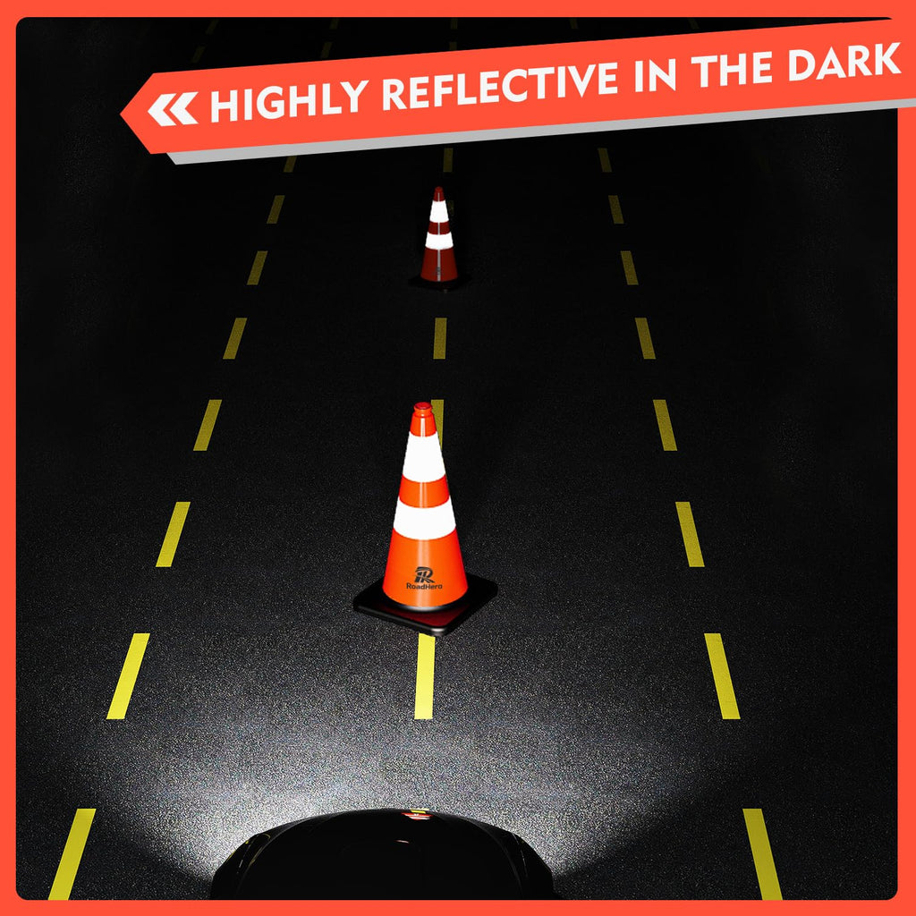 RoadHero 4 Pack Traffic Safety Cones 18 Inch with Black Weighted Base, Plastic PVC Cone, Orange Cones with Reflective Collar, Cones for Parking Lot, Construction Events, Road Safety