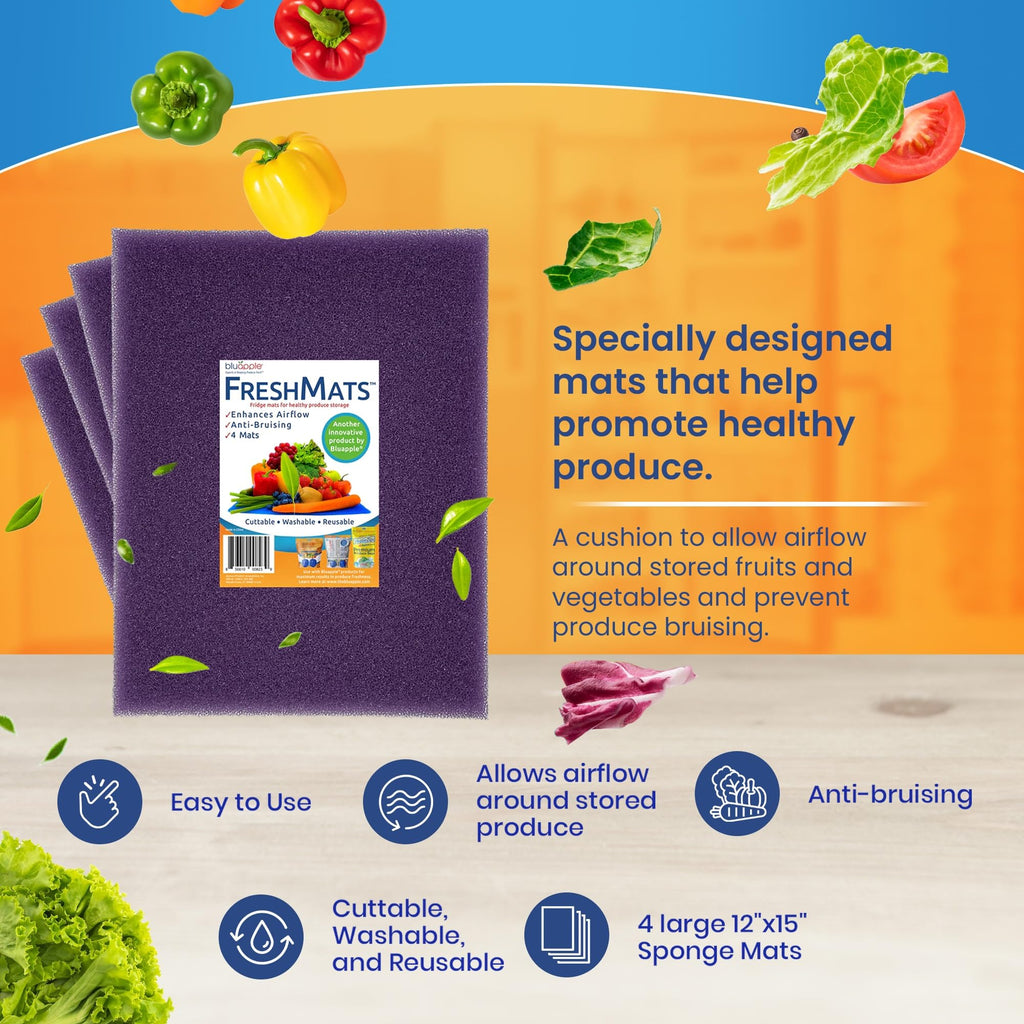 Bluapple FreshMats, Refrigerator Bin Liner, Fridge Drawer Mats, Crisper Life Extender Liner Keeps Produce Fresh Longer, Anti-Bruising, for Air Circulation, Washable & Reusable (4-Mats, 12x15, Black)