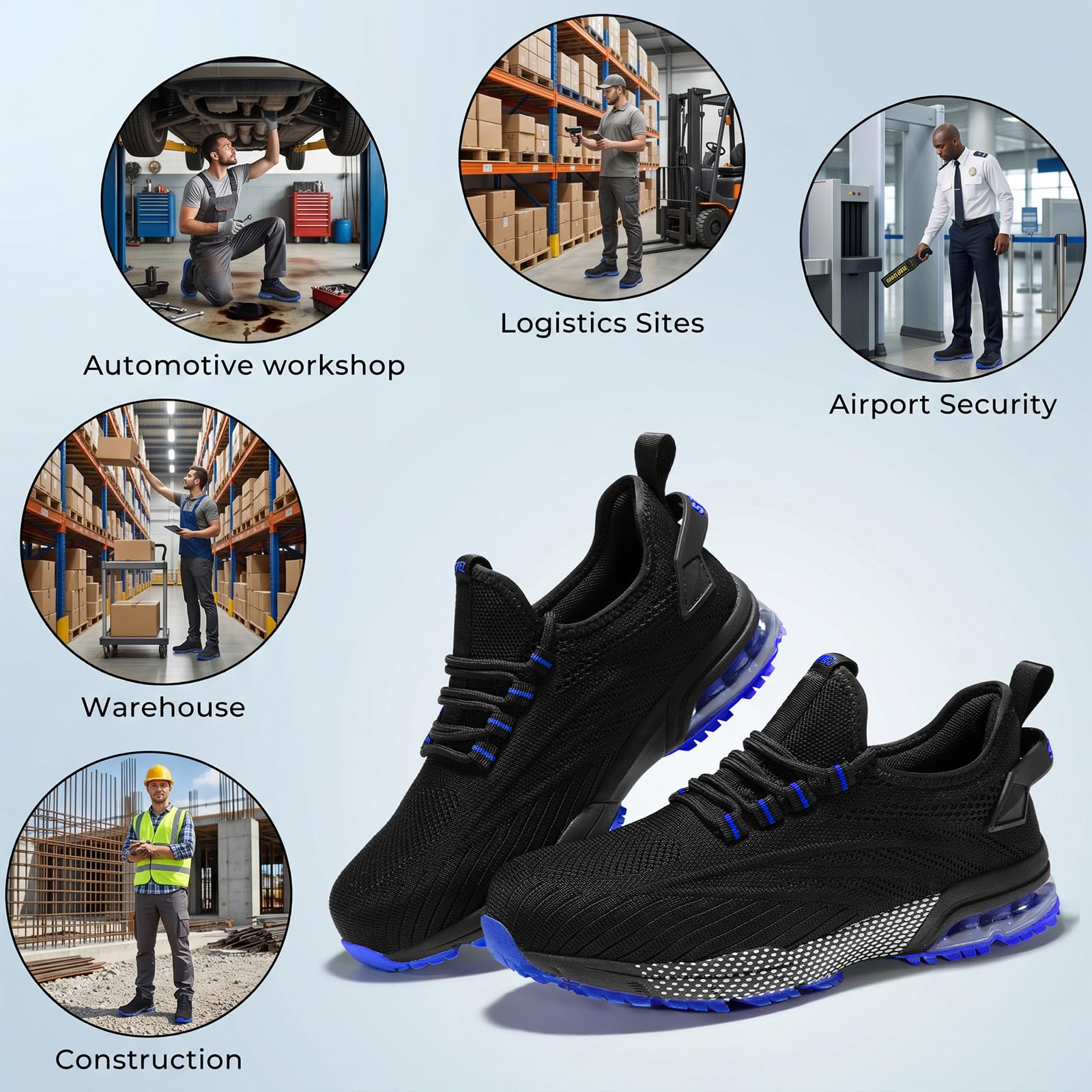 SPIEZ Composite Toe Shoes for Men Women, Lightweight Breathable Non Steel Toe Safety Shoes, Puncture Proof Slip Resistant Work Sneakers for Construction,Warehouse,Black Blue/Black Yellow