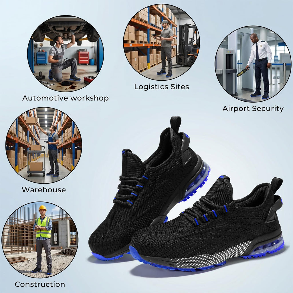 SPIEZ Composite Toe Shoes for Men Women, Lightweight Breathable Non Steel Toe Safety Shoes, Puncture Proof Slip Resistant Work Sneakers for Construction,Warehouse,Black Blue/Black Yellow