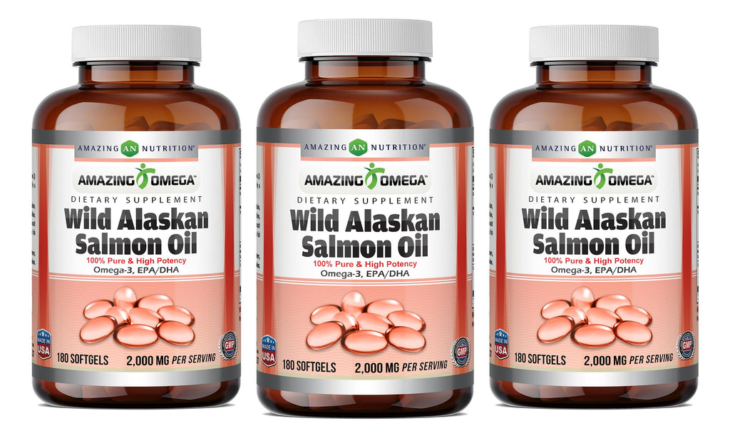 Amazing Omega Wild Alaskan Salmon Oil Supplement | 2000 Mg per Serving | 180 Softgels | Non-GMO | Gluten-Free | Made in USA