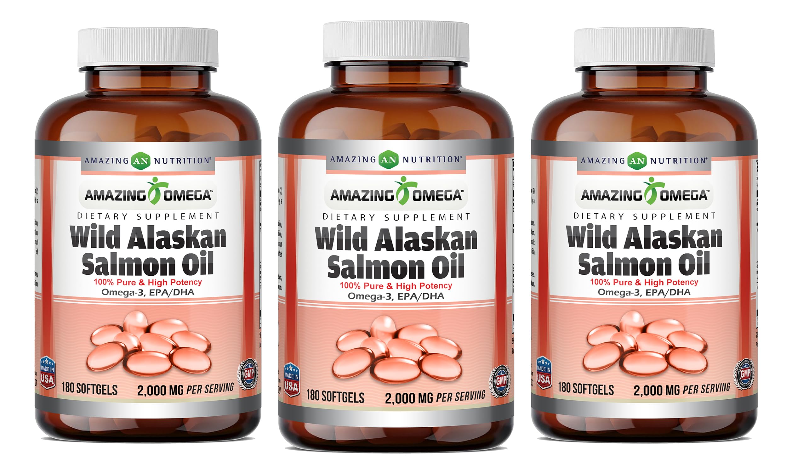Amazing Omega Wild Alaskan Salmon Oil Supplement | 2000 Mg per Serving | 180 Softgels | Non-GMO | Gluten-Free | Made in USA