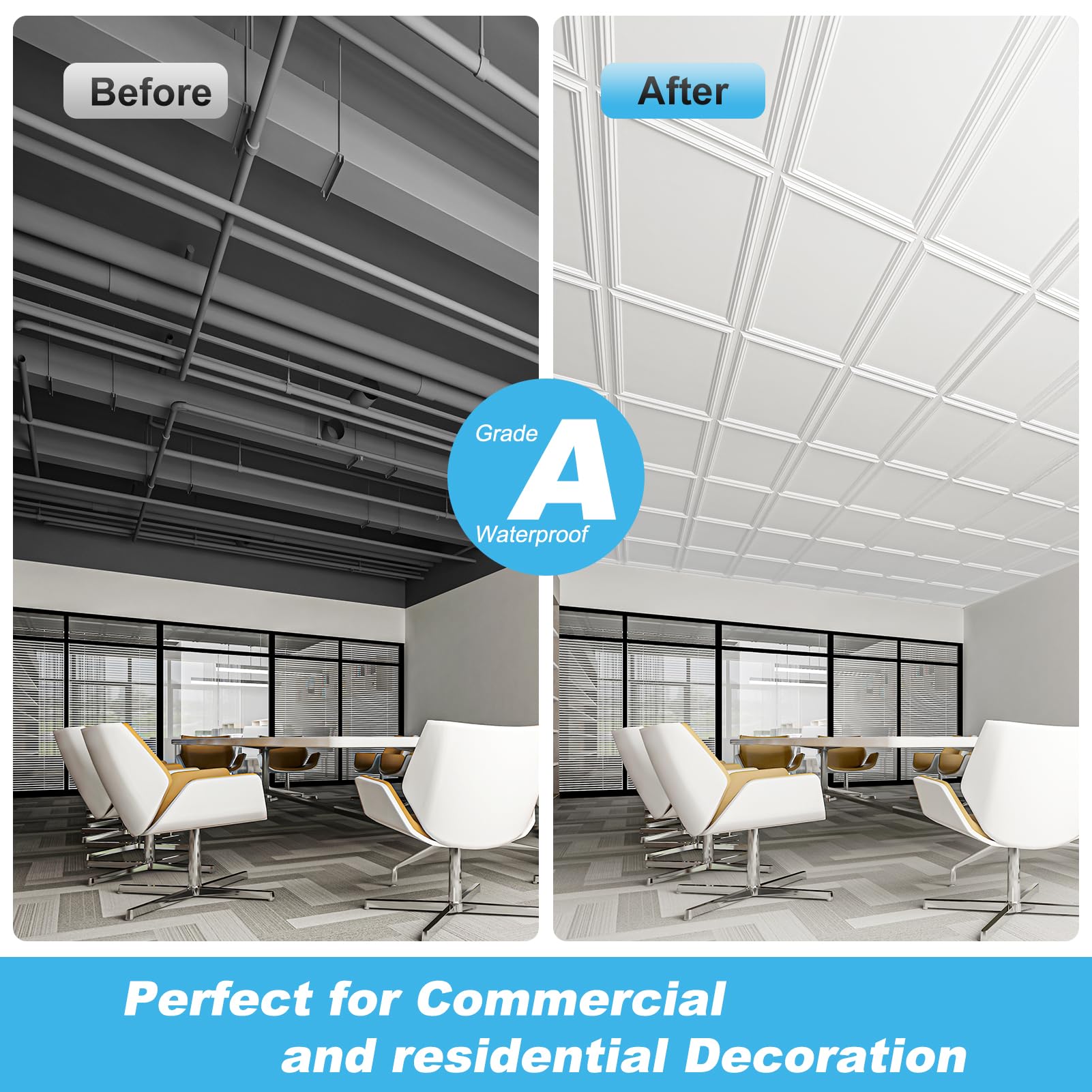 Art3d Drop Ceiling Tiles 24x24in. (12-Pack, 48 Sq.ft), Wainscoting Panels Glue Up 2ft x 2ft for Interior Décor in Living Room, Bedroom & Office, Star Black