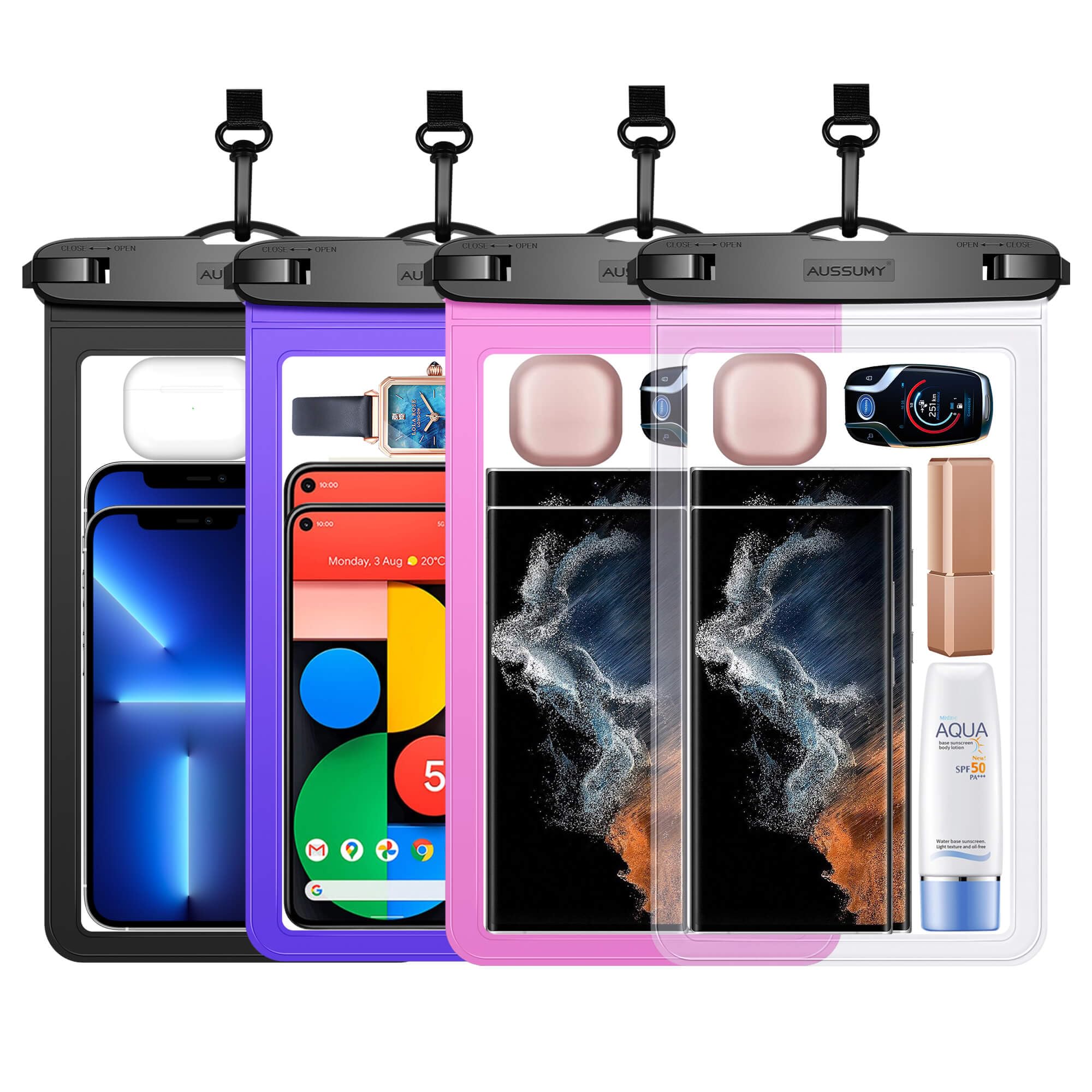 4 Pack 10.5“ Large Waterproof Phone Pouch - Underwater Clear Cell Holder - Universal Water Proof Dry Bag with Neck Lanyard for iPhone 16 Pro Max Samsung Galaxy with Heavy Case for Beach Swimming Pool
