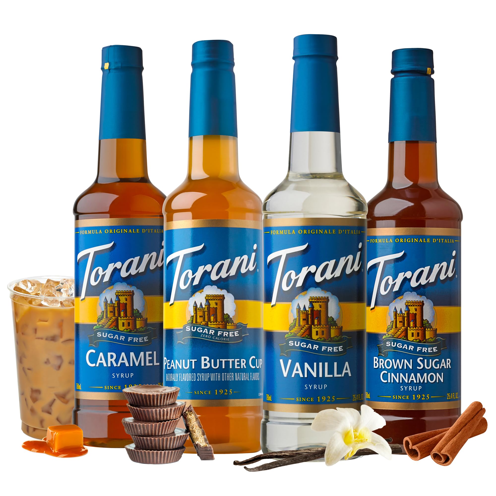 Torani Sugar Free Flavored Drink Syrup Coffee Favorites Variety Pack, Caramel, Peanut Butter Cup, Vanilla & Brown Sugar Cinnamon, 25.4 fl oz (Set of 4)