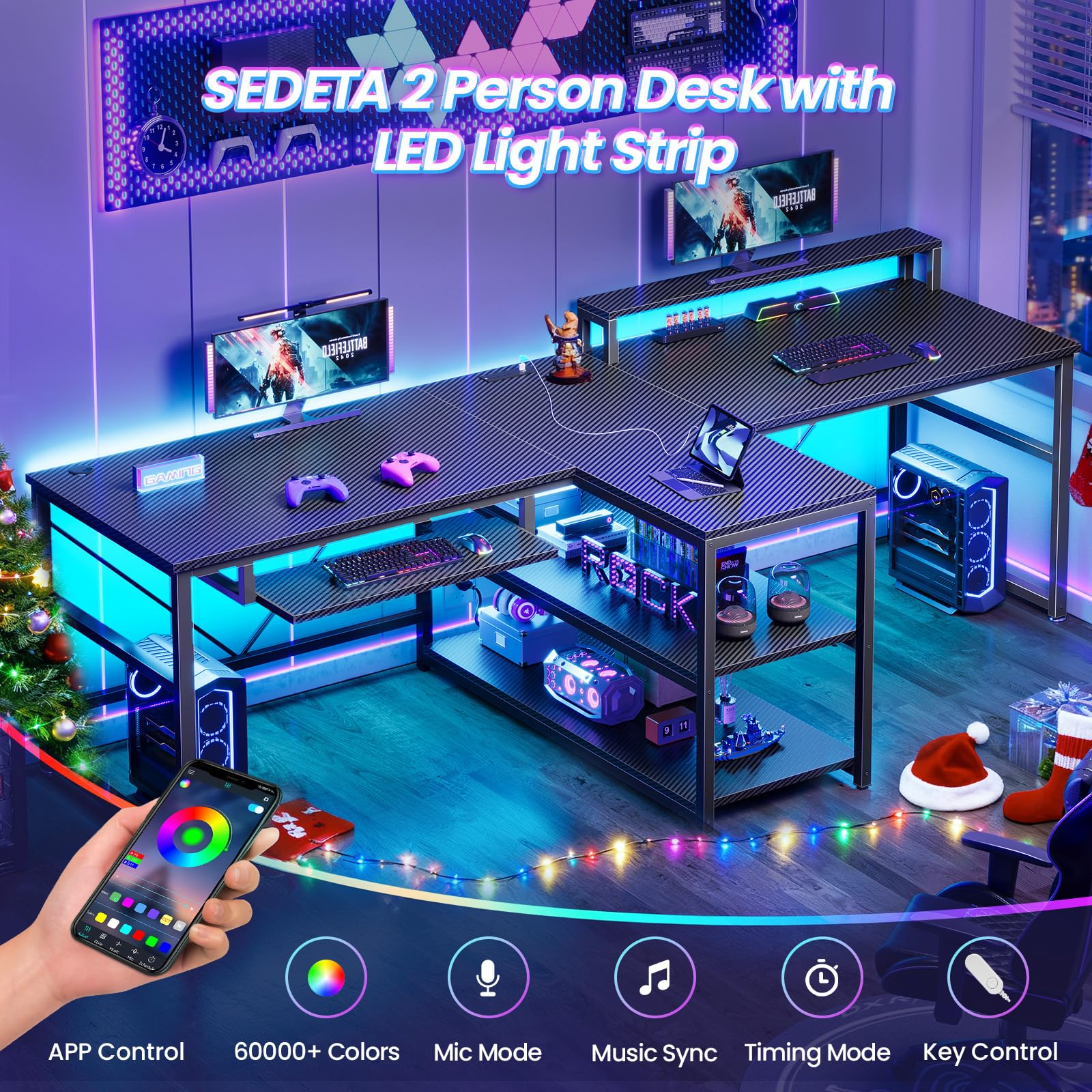 SEDETA 94.5" Office Computer Desk, 2 Person Gaming Desk with Storage, LED Lights, Keyboard Tray, Power Strip with USB & Monitor Stand, Long Two Person Desk for Home Office, Black