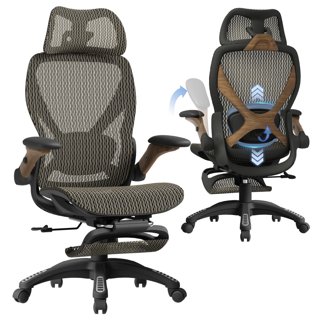ELABEST X100 Ergonomic Office Chair with Footrest, Big and Tall Home Desk Chair with 5D Flip-Up Arms, Adjustable 3D Lumbar Support,High Back Rolling Computer Chair, Swivel Mesh Chairs (Coffee Break)