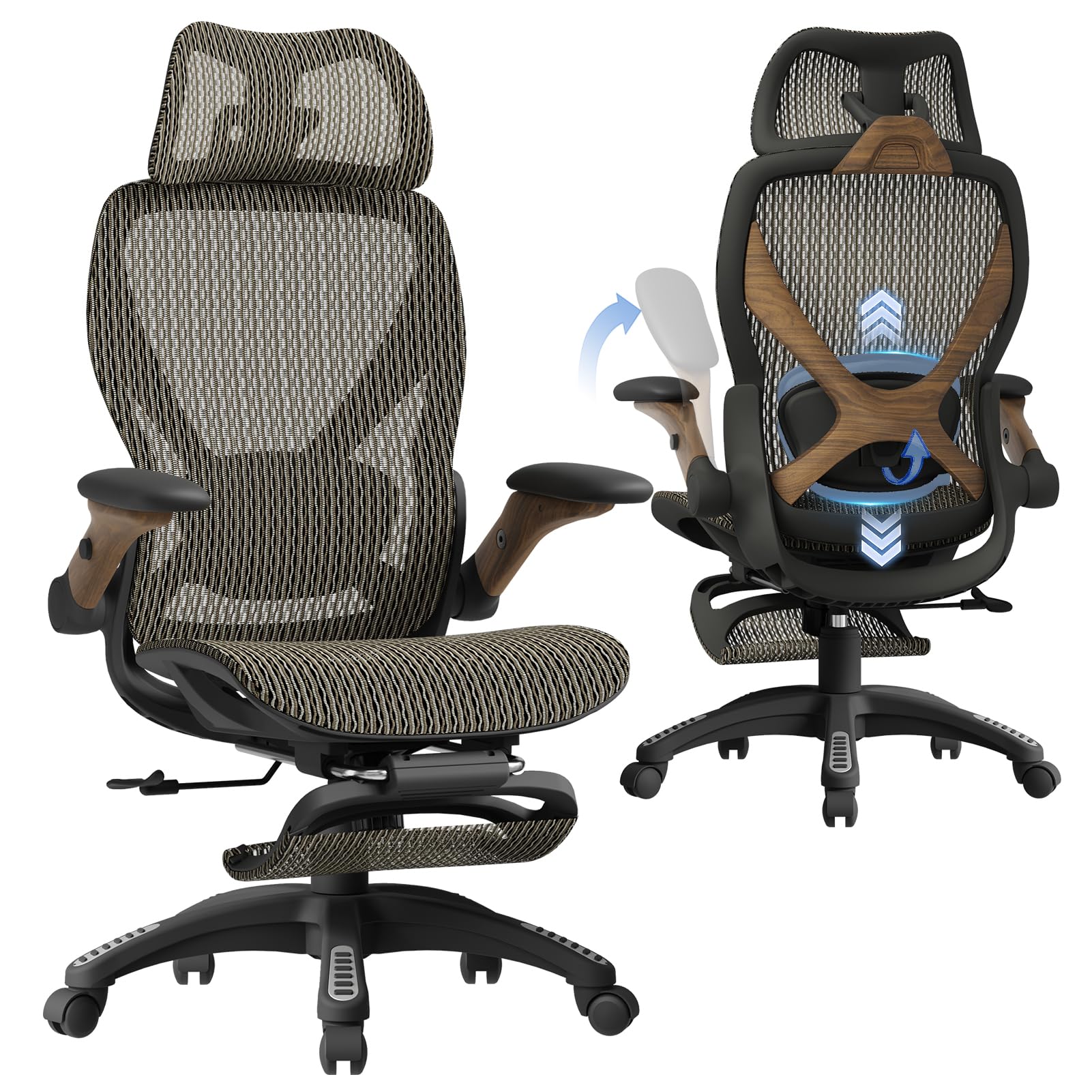 ELABEST X100 Ergonomic Office Chair with Footrest, Big and Tall Home Desk Chair with 5D Flip-Up Arms, Adjustable 3D Lumbar Support,High Back Rolling Computer Chair, Swivel Mesh Chairs (Coffee Break)
