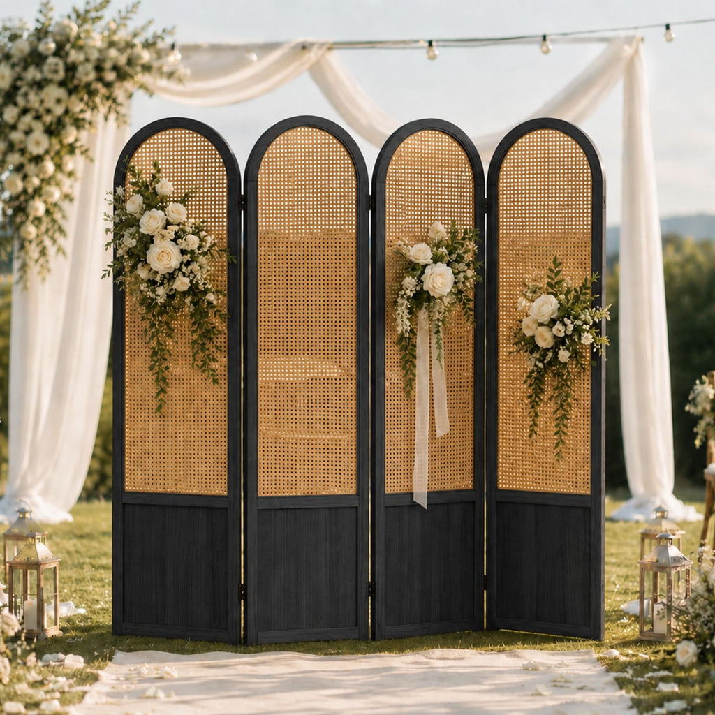 Hand-Woven Rattan Room Divider 3 Panels, 5.9 Ft Tall Wood Room Divider Panel, Partition Screen Divider Wall, Folding Privacy Screen, Wall Divider for Room Separation Home Office - Black
