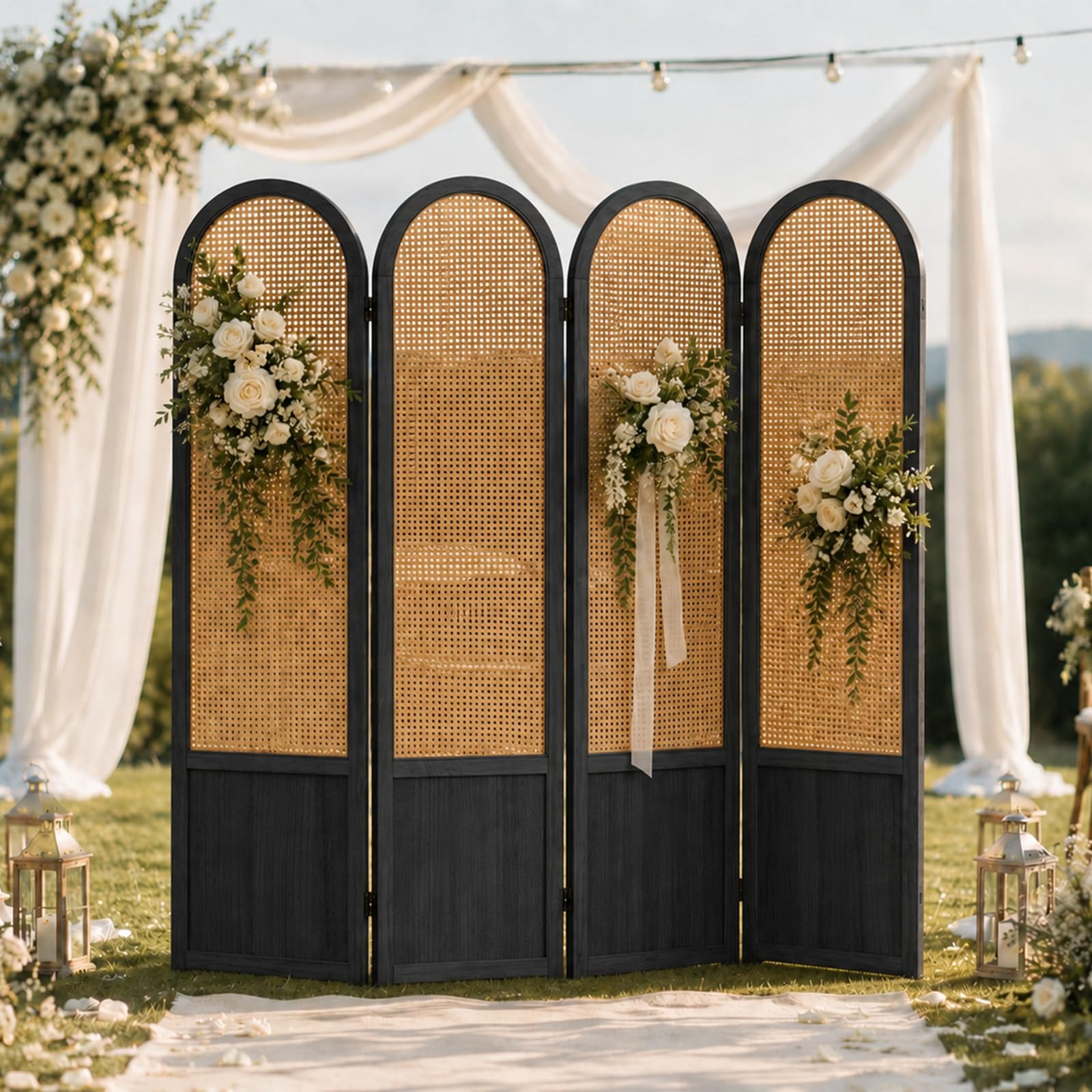 Hand-Woven Rattan Room Divider 3 Panels, 5.9 Ft Tall Wood Room Divider Panel, Partition Screen Divider Wall, Folding Privacy Screen, Wall Divider for Room Separation Home Office - Black