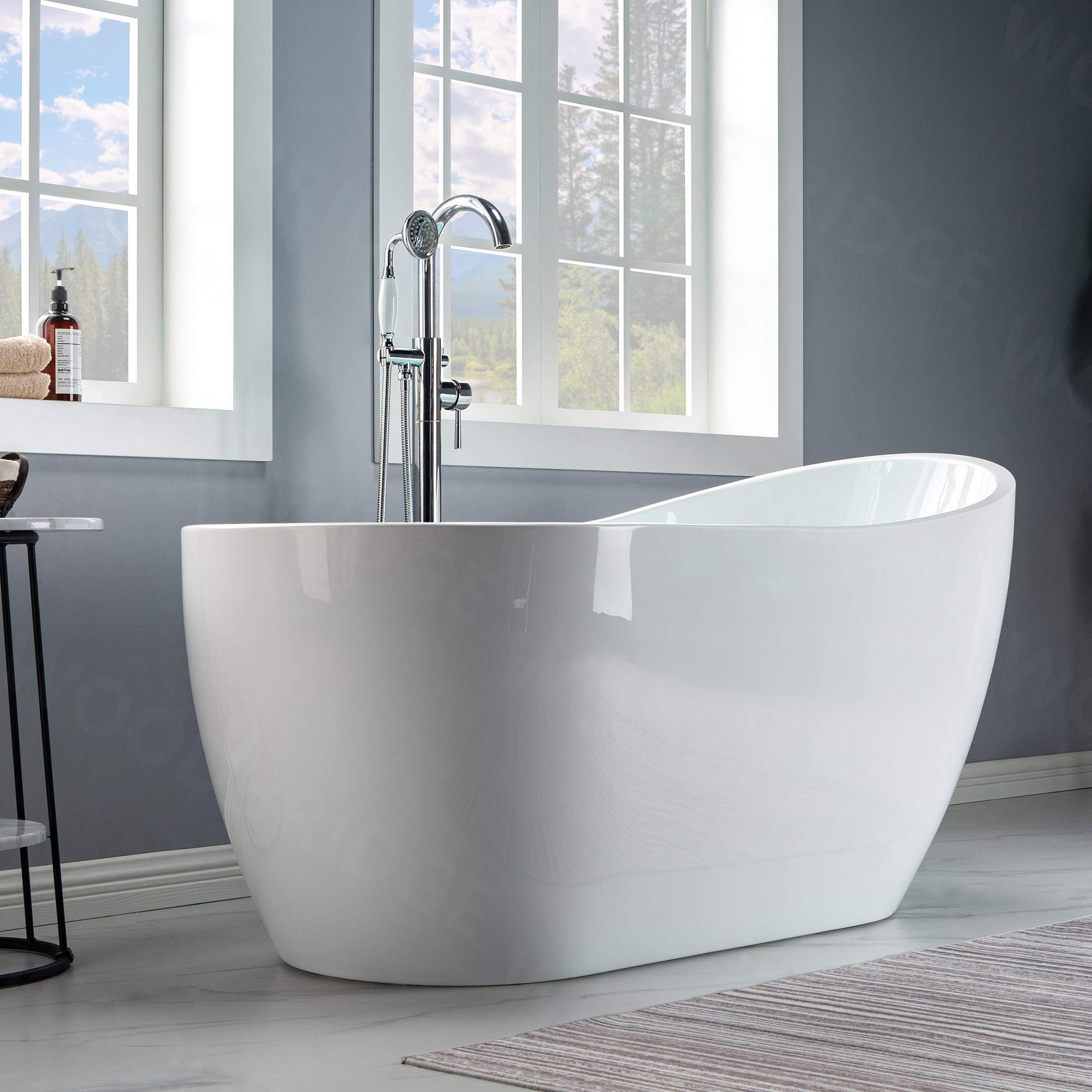 WOODBRIDGE 59" Acrylic Freestanding Bathtub Contemporary Soaking White Tub with Brushed Gold Overflow and Drain， B1530 -BG-Drain &O