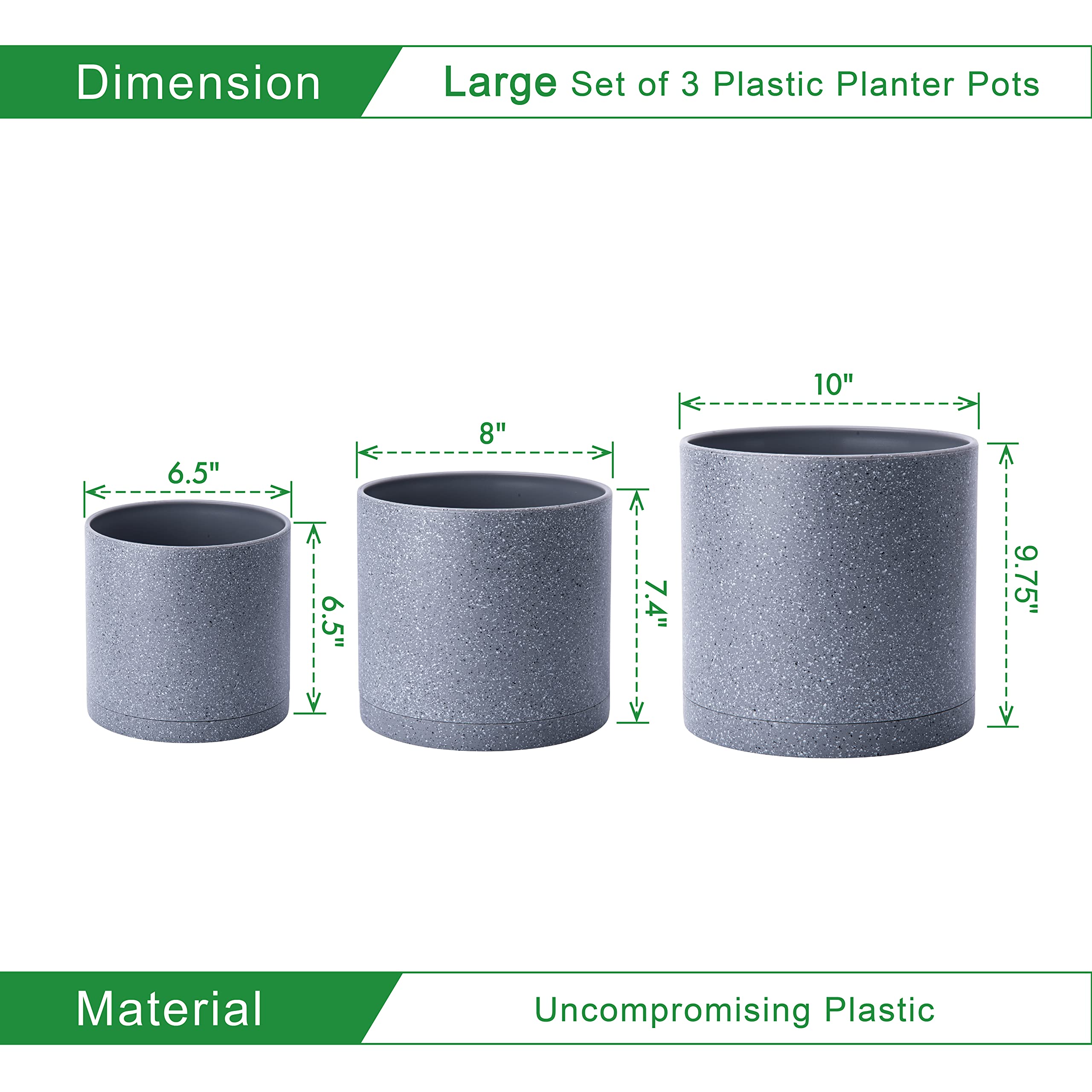 D'vine Dev 6.5 Inch 8 Inch 10 Inch, Set of 3 Plastic Planter Pots for Plants with Drainage Hole and Seamless Saucers, Black Color, Large, 74-V-B-4