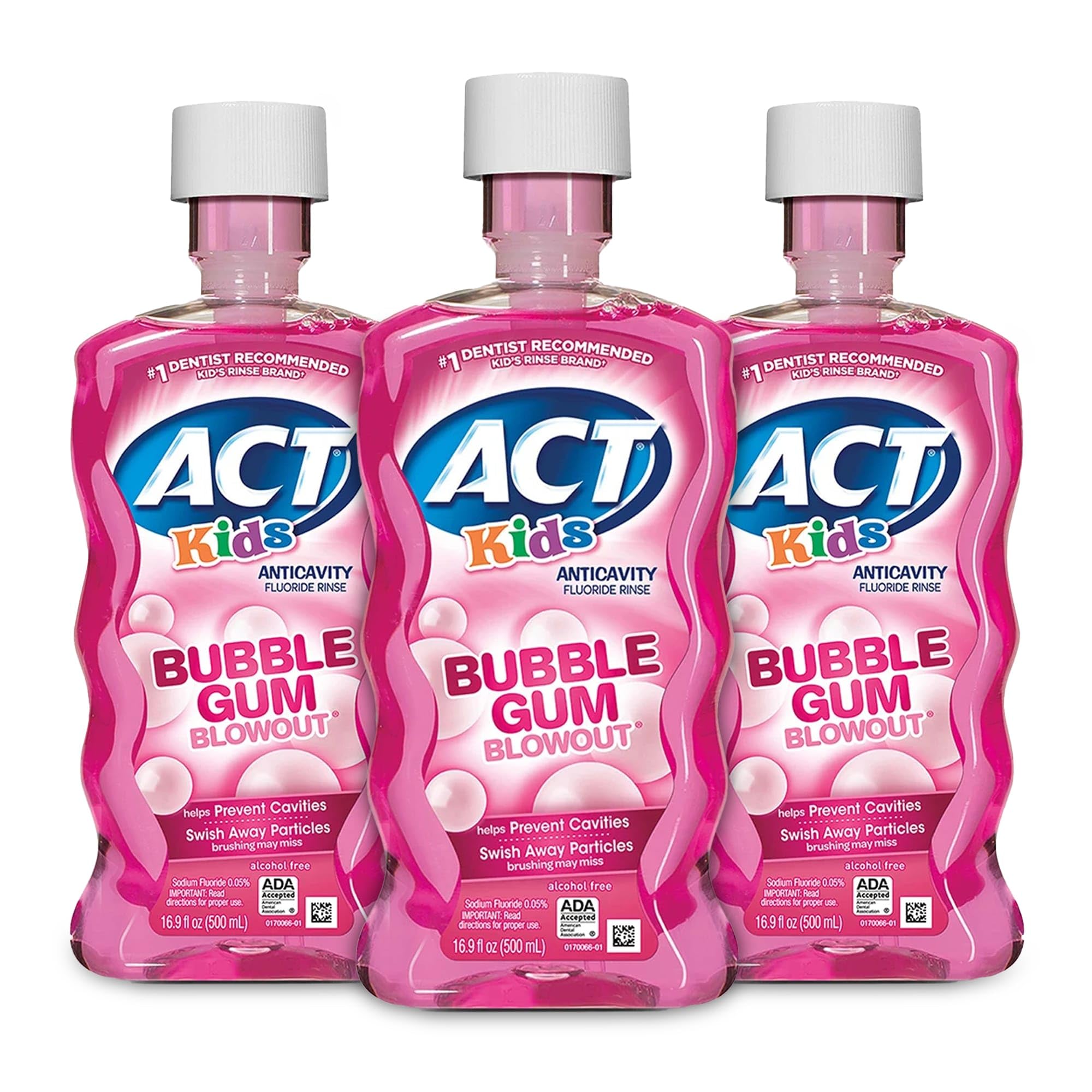 ACT Kids Anticavity Fluoride Mouthwash, Sugar & Alcohol Free Mouth Rinse Strengthens Teeth, Bubble Gum Blowout, 16.9 fl. oz.(Pack of 3)