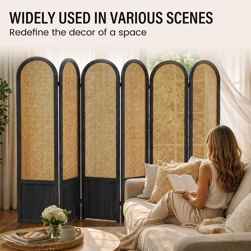 Hand-Woven Rattan Room Divider 3 Panels, 5.9 Ft Tall Wood Room Divider Panel, Partition Screen Divider Wall, Folding Privacy Screen, Wall Divider for Room Separation Home Office - Black