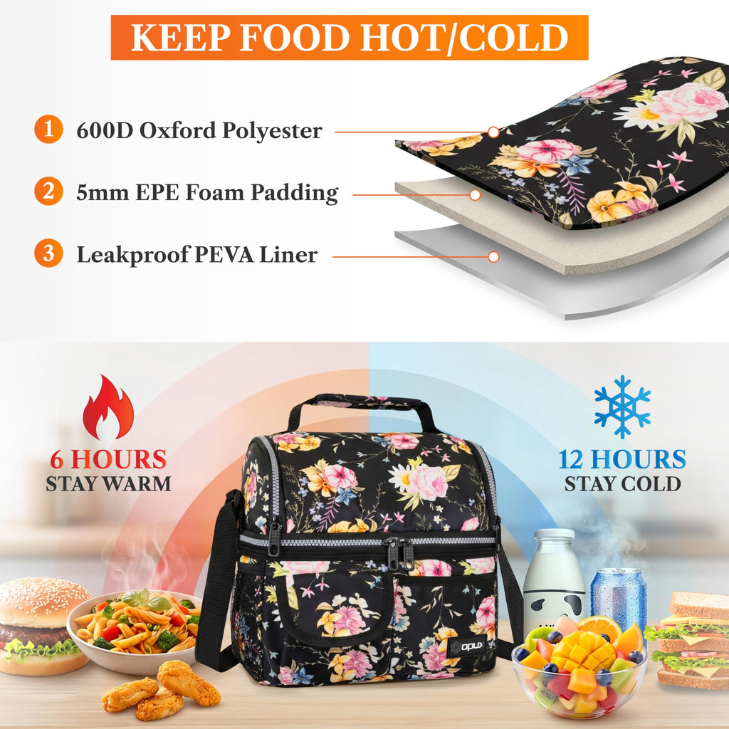 opux Insulated Lunch Bag Women Men, Dual Compartment Leakproof Lunch Box Adults Kids, Double Decker Meal Prep Bento Lunch Cooler Tote with Shoulder Strap for Work Office School Travel, Black