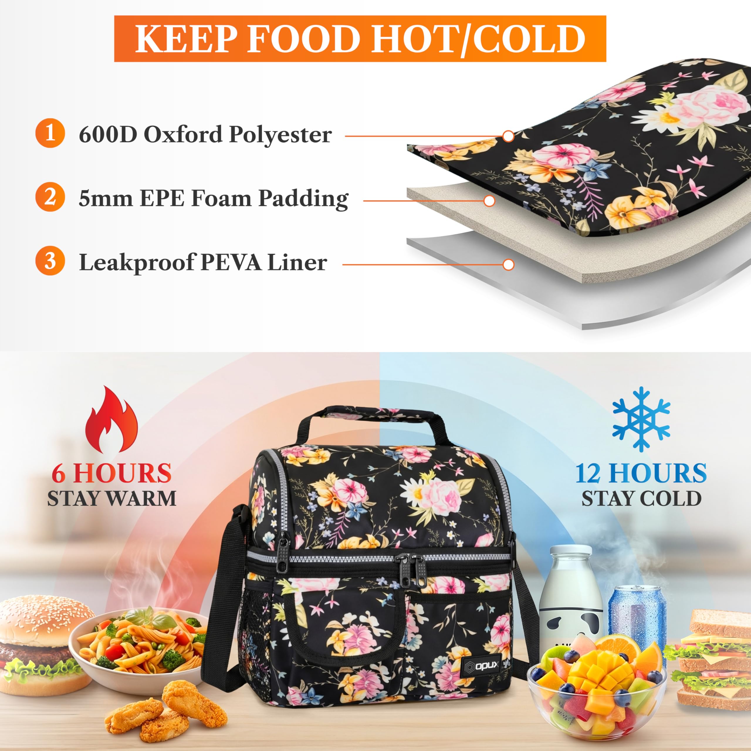 opux Insulated Lunch Bag Women Men, Dual Compartment Leakproof Lunch Box Adults Kids, Double Decker Meal Prep Bento Lunch Cooler Tote with Shoulder Strap for Work Office School Travel, Black