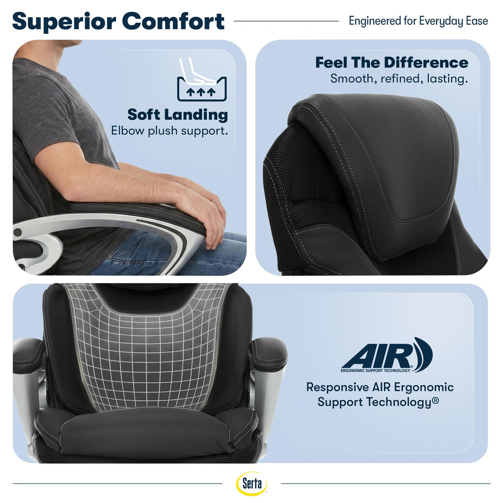 Serta Bryce Executive Office Chair - Ergonomic Computer DeskChair with Lumbar Technology - Adjustable Height - Memory Foam Body Pillows - 360° Swivel Rolling Base - Bonded Leather - Black