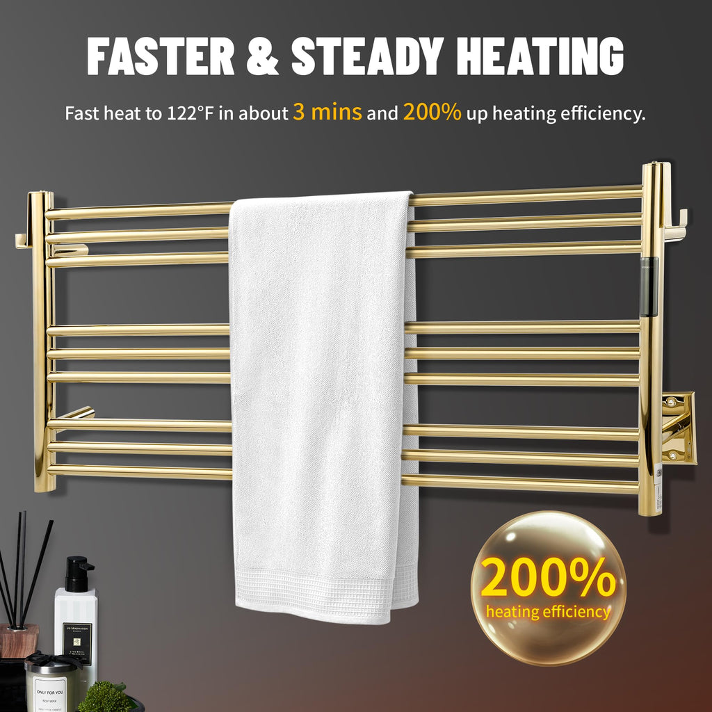 K&KALONZO Wall-Mounted 9-Bar Heated Towel Rack, Fast Heat in 2 Min, NTC Safety | 4 Timers & 3 Heat Levels Control, Plug-In/Hardwired, Top Hooks, Memory Function, Anti-Scald, Stainless Steel, EL13ML
