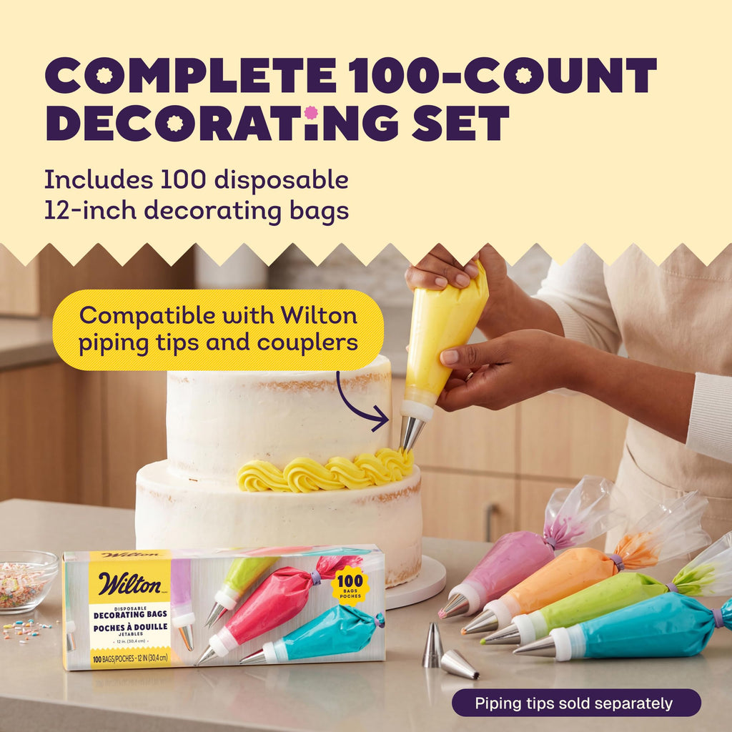 Wilton Disposable Decorating Bags - Piping, Icing & Cake Decorating - Perfect for Baking Creations - Baking Accessories - Packaging May Vary - 12-Inch, 100 Count