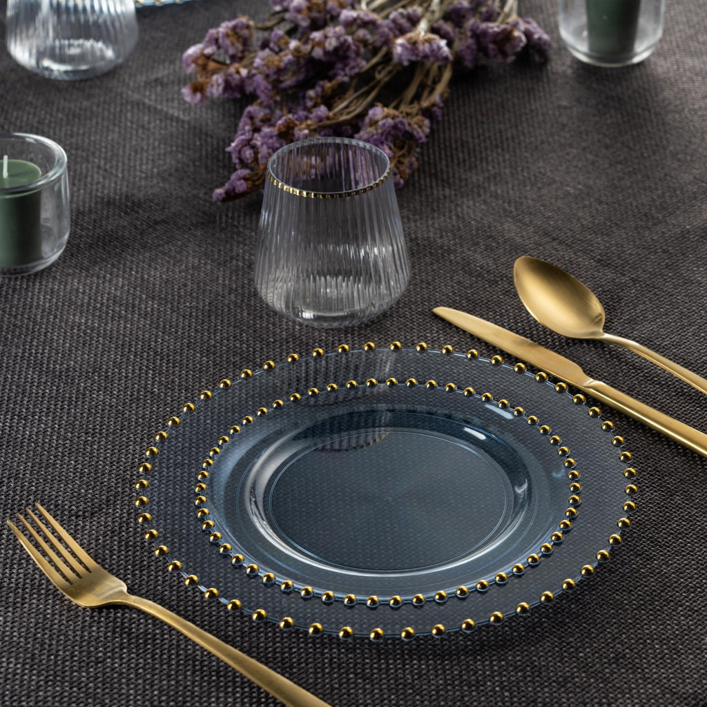 PLASTICPRO 32 Piece Combo Plastic Dinner Plates Disposable Plastic Fancy Heavy Duty Party Dishes 7 inch and 10 inch, Black and Gold Beaded