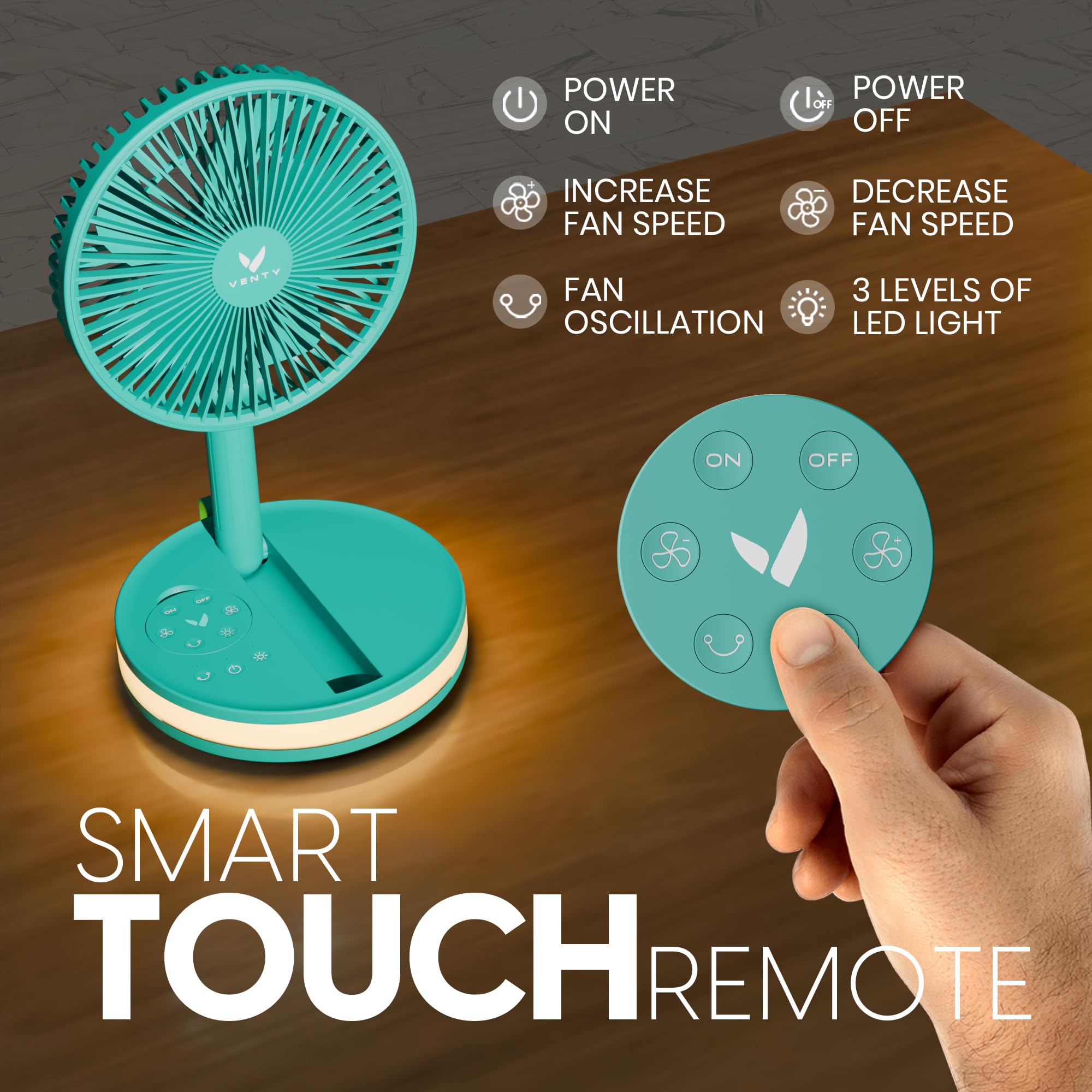 VENTY Portable Fan - Wireless Battery Operated Fan - 4 Speeds - LED Lighting - Carry Case & Remote Control - Cruise Travel - Outdoor Travel RV Power Bank With USB-C Port (Black with Case)