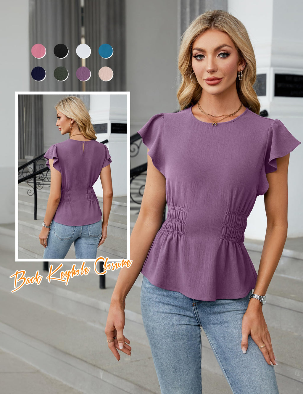 Blooming Jelly Women's Dressy Casual Blouses Business Ruffle Short Sleeve Tops Summer Crew Neck Smocked Shirts