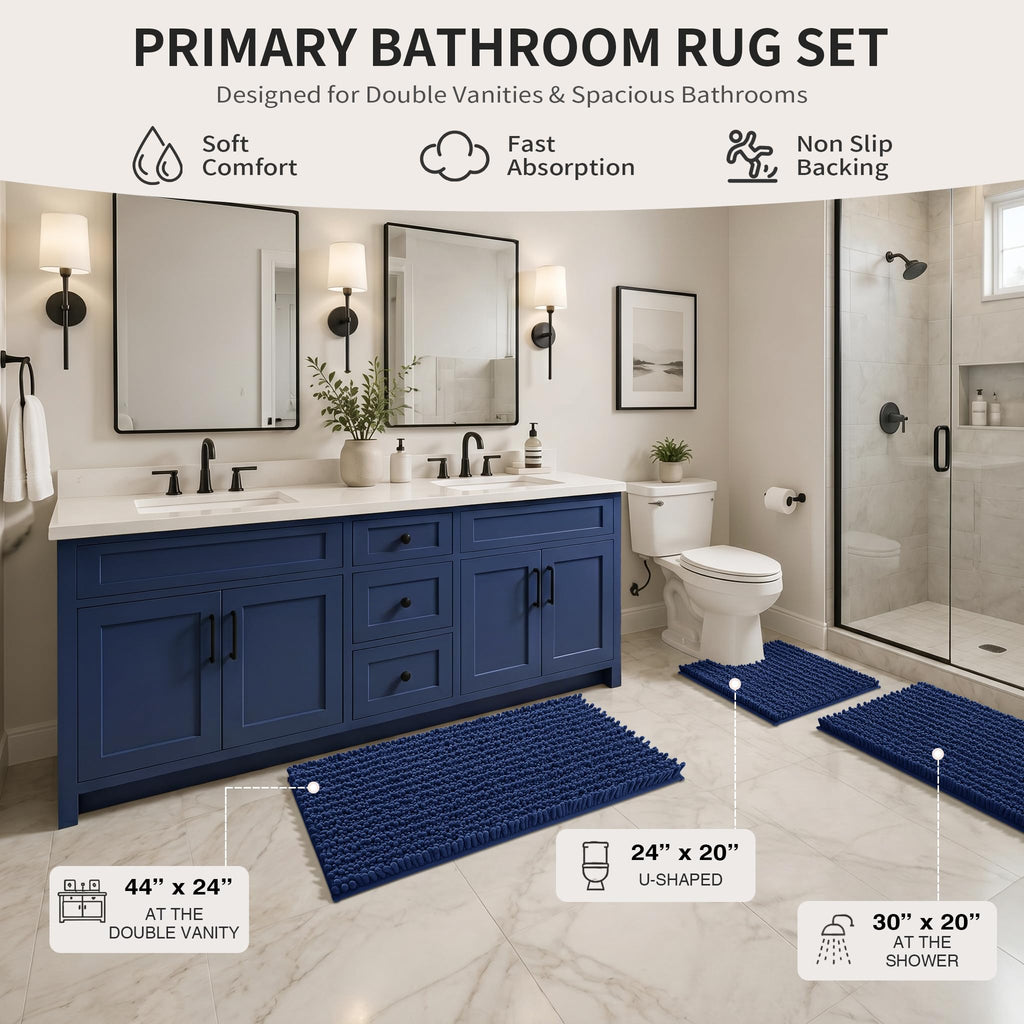 Yimobra Black Bathroom Rug Set 3 Piece - Super Absorbent Quick Dry Chenille Bath Mats & Toilet Rug, Non Slip Machine Washable, Extra Thick Shaggy Floor Mat for Shower Tub Sink