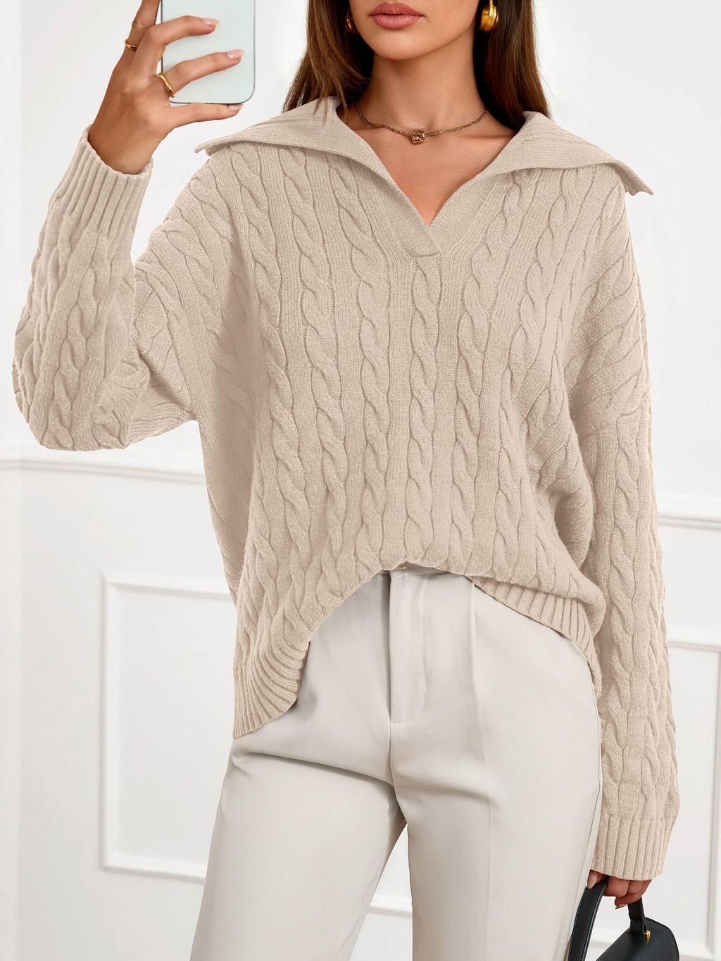 PRETTYGARDEN Spring Cable Knit Oversized Sweaters for Women 2026 Polo V Neck Long Sleeve Casual Chunky Sweater Pullover Tops