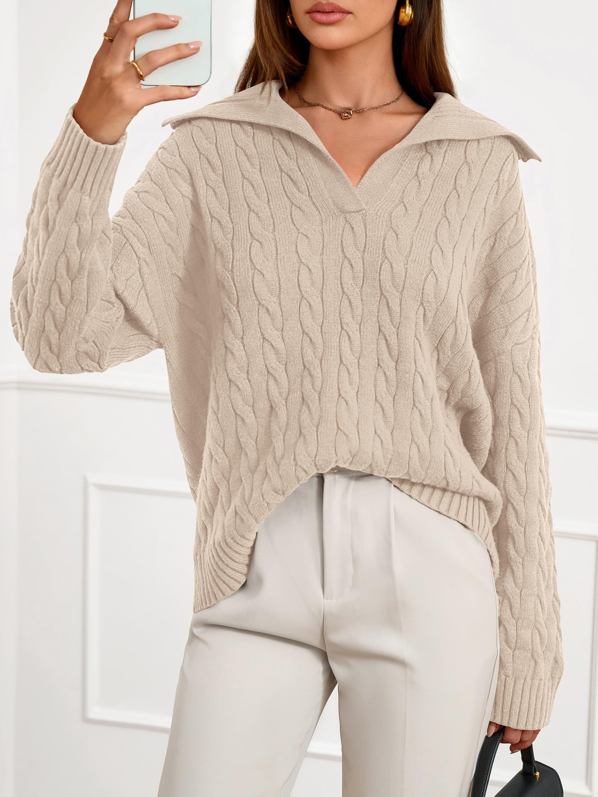 PRETTYGARDEN Spring Cable Knit Oversized Sweaters for Women 2026 Polo V Neck Long Sleeve Casual Chunky Sweater Pullover Tops