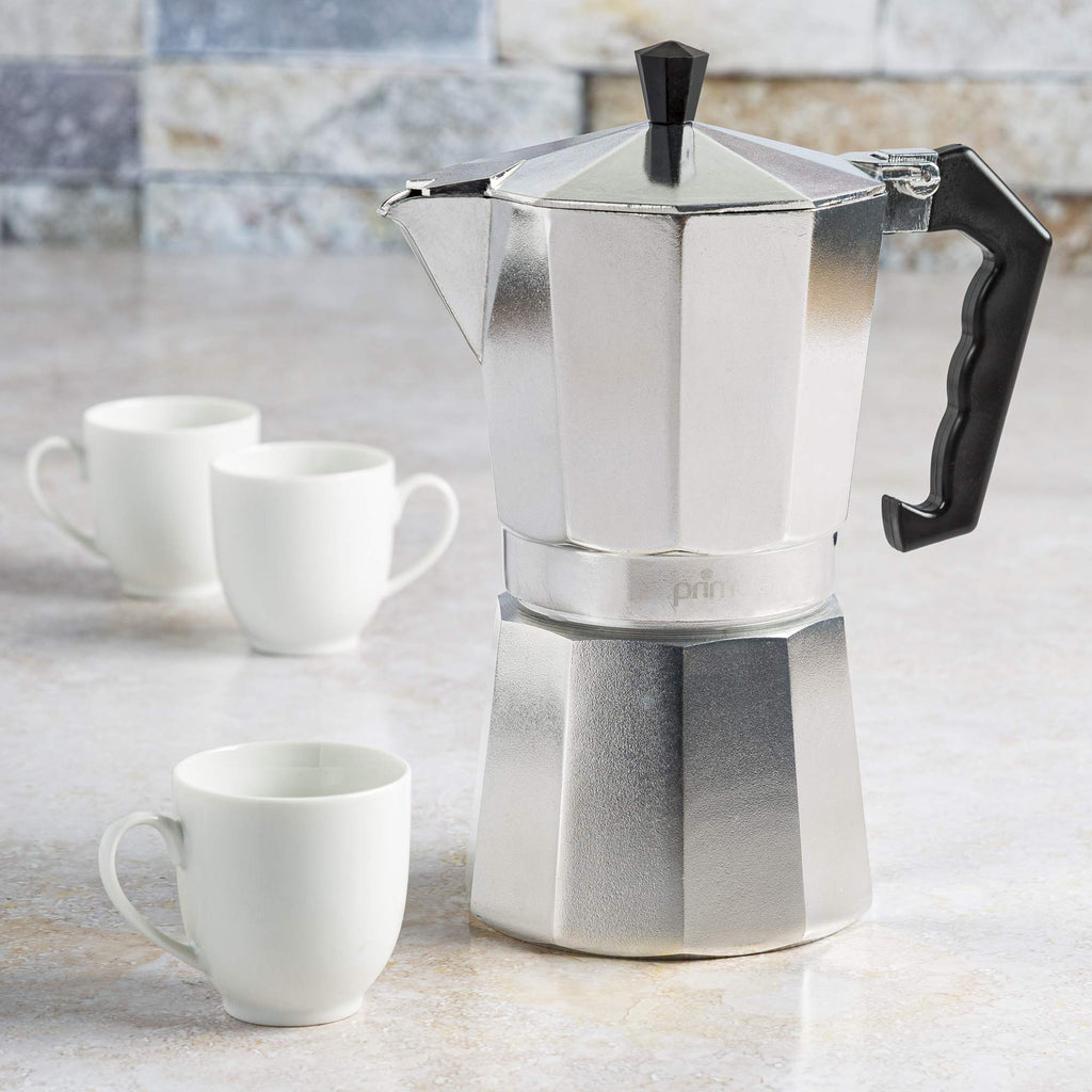 Primula Classic Moka Pot Stovetop Espresso and Coffee Maker, Italian and Cuban Cafetera for Rich Espresso Brewing, Durable Aluminum Greca Coffee Maker with Easy Grip Handle, 6-Cup, Black