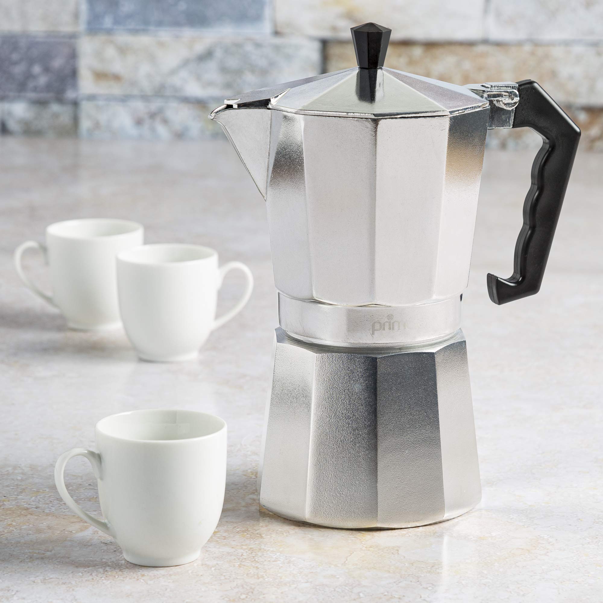 Primula Classic Moka Pot Stovetop Espresso and Coffee Maker, Italian and Cuban Cafetera for Rich Espresso Brewing, Durable Aluminum Greca Coffee Maker with Easy Grip Handle, 6-Cup, Black