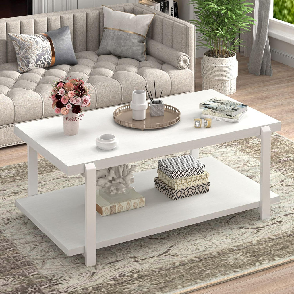 FOLUBAN Black Coffee Table, Modern Rustic Wood Center Table with Storage for Living Room, Industrial Rectangle 2 Tier Cocktail Tea Table, Black Oak