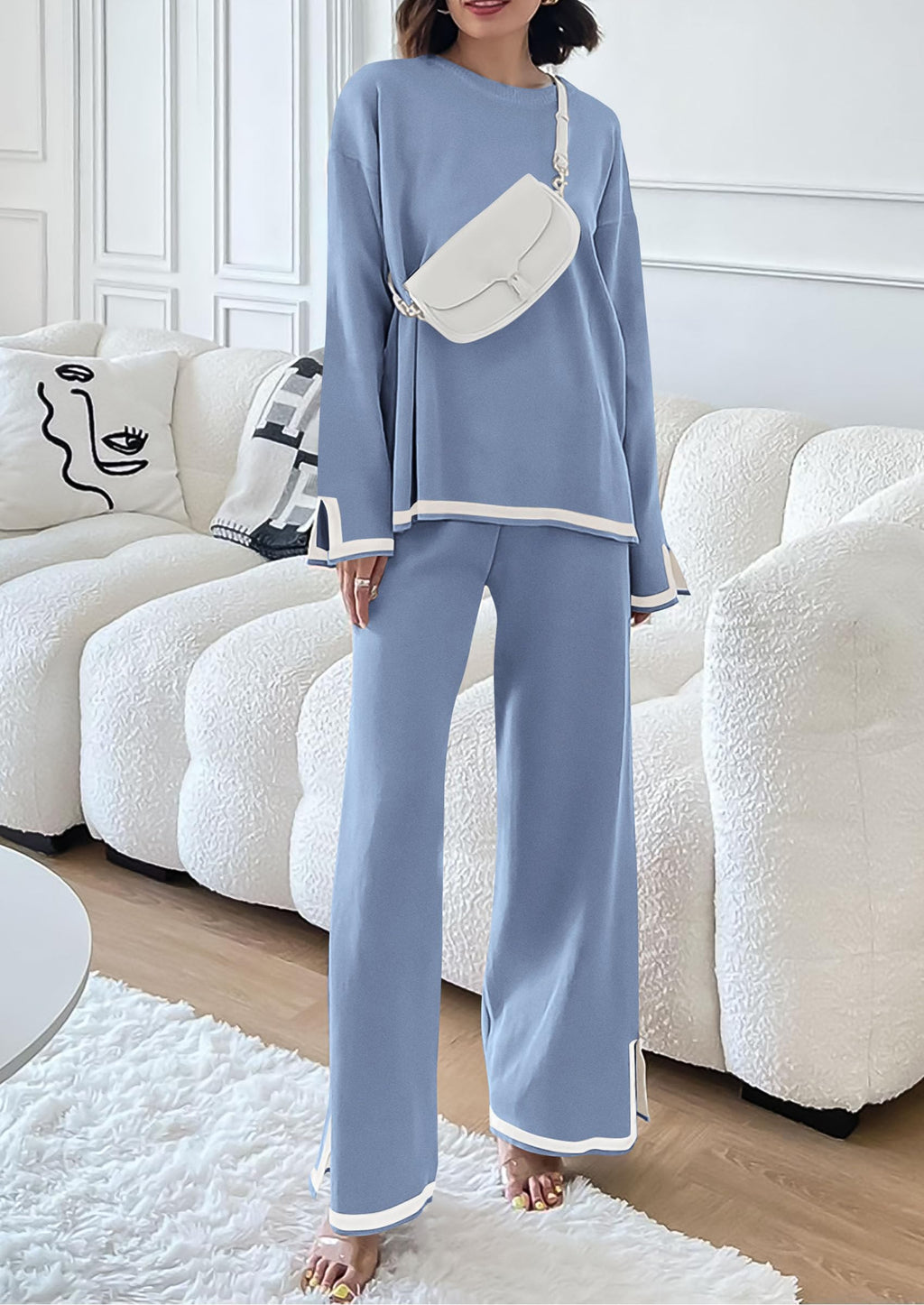 PRETTYGARDEN Women's 2 Piece Knit Sweater Set Travel Outfits | Long Sleeve Tops, Wide Leg Pants, Soft Matching Sweat Track Suits, Casual Fall Winter Clothes for Brunch, Going Out & Cruise